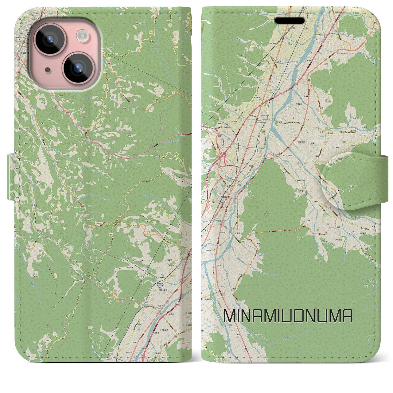 【南魚沼(新潟県)】地図柄iPhoneケース(手帳タイプ)ナチュラル・iPhone 15 Plus 用