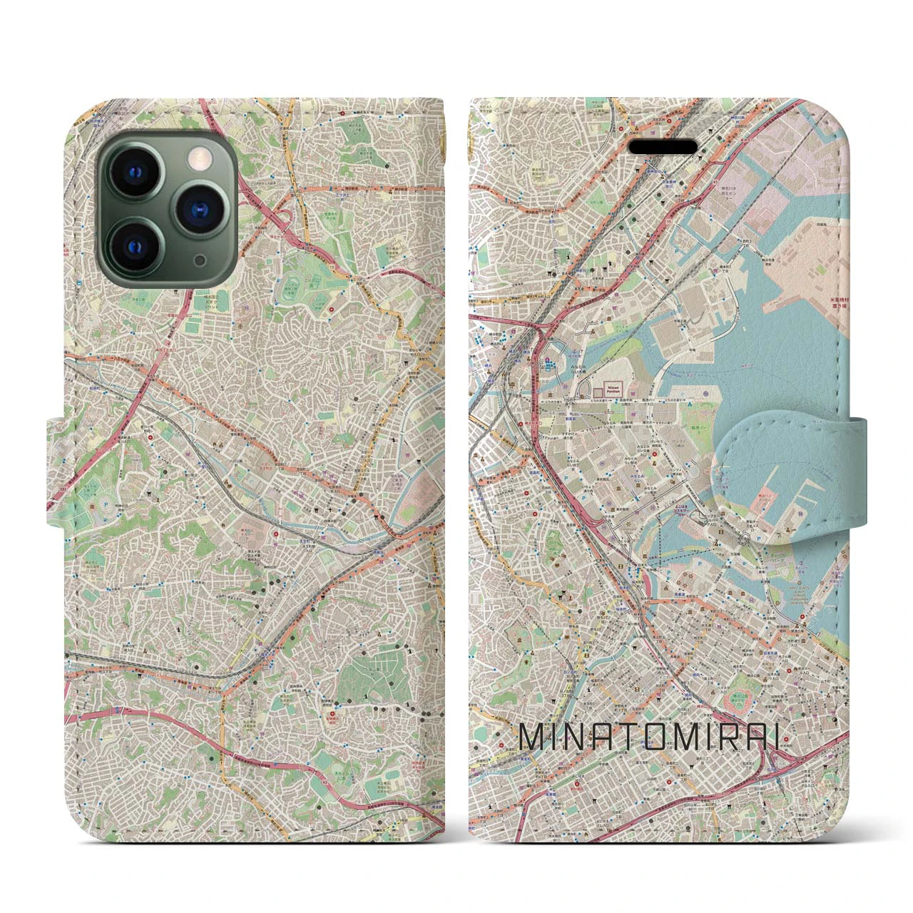 【みなとみらい(神奈川県)】地図柄iPhoneケース(手帳タイプ)ナチュラル・iPhone 11 Pro 用