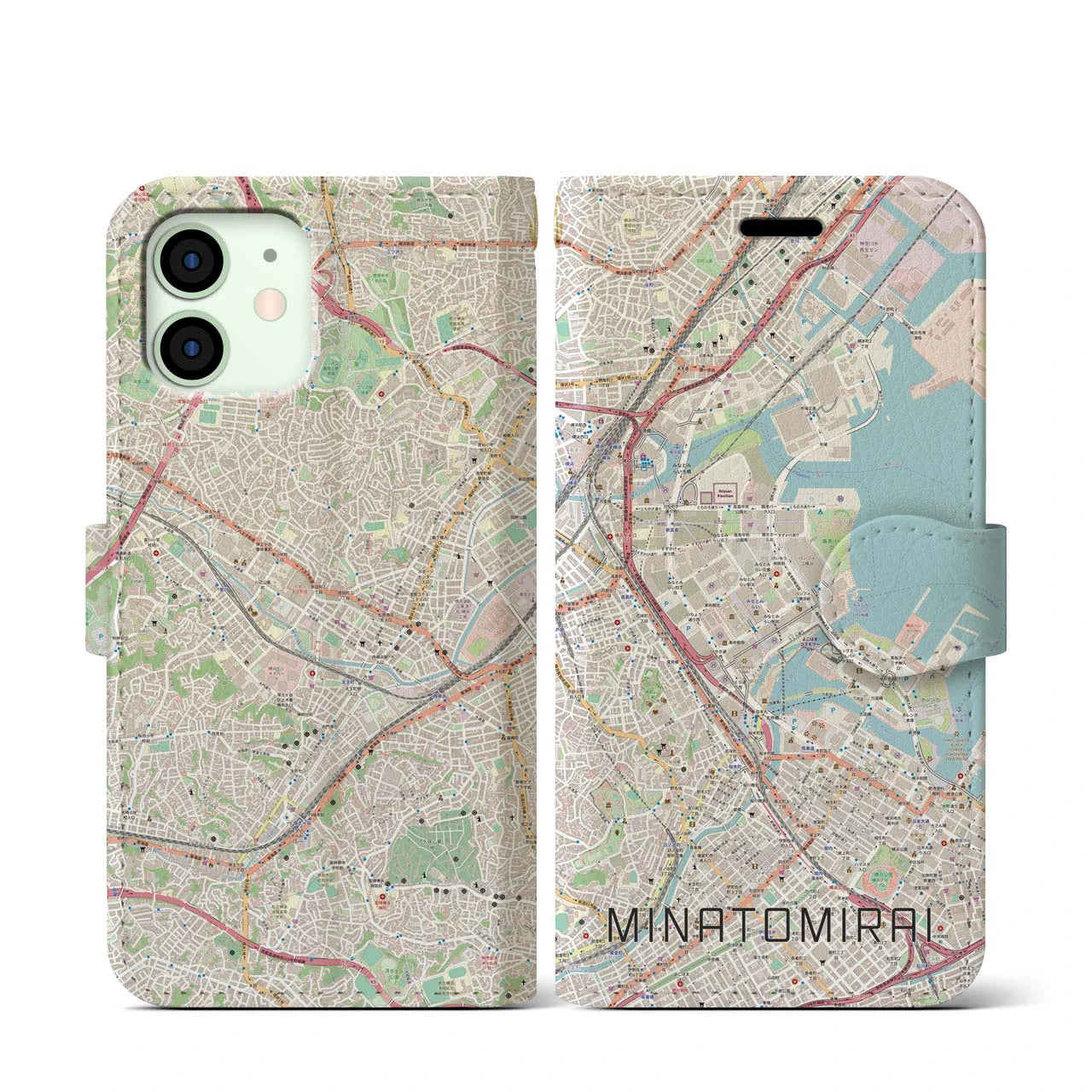 【みなとみらい(神奈川県)】地図柄iPhoneケース(手帳タイプ)ナチュラル・iPhone 12 mini 用