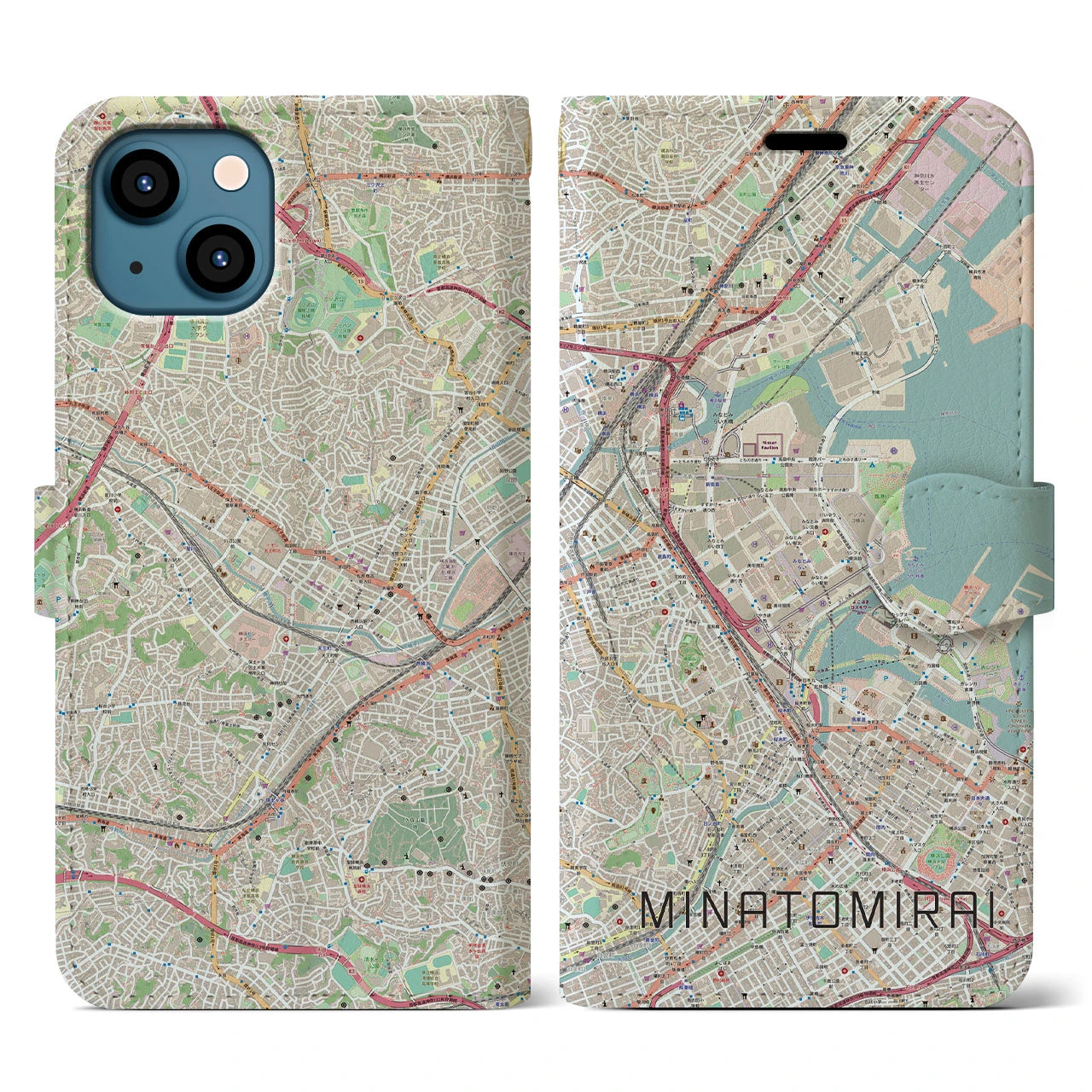 【みなとみらい(神奈川県)】地図柄iPhoneケース(手帳タイプ)ナチュラル・iPhone 13 用