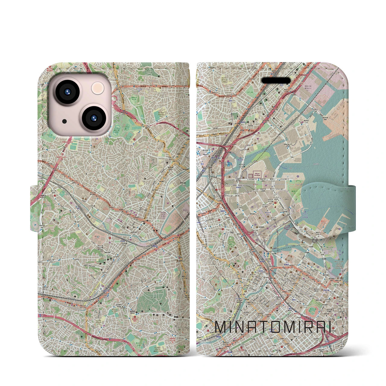 【みなとみらい(神奈川県)】地図柄iPhoneケース(手帳タイプ)ナチュラル・iPhone 13 mini 用