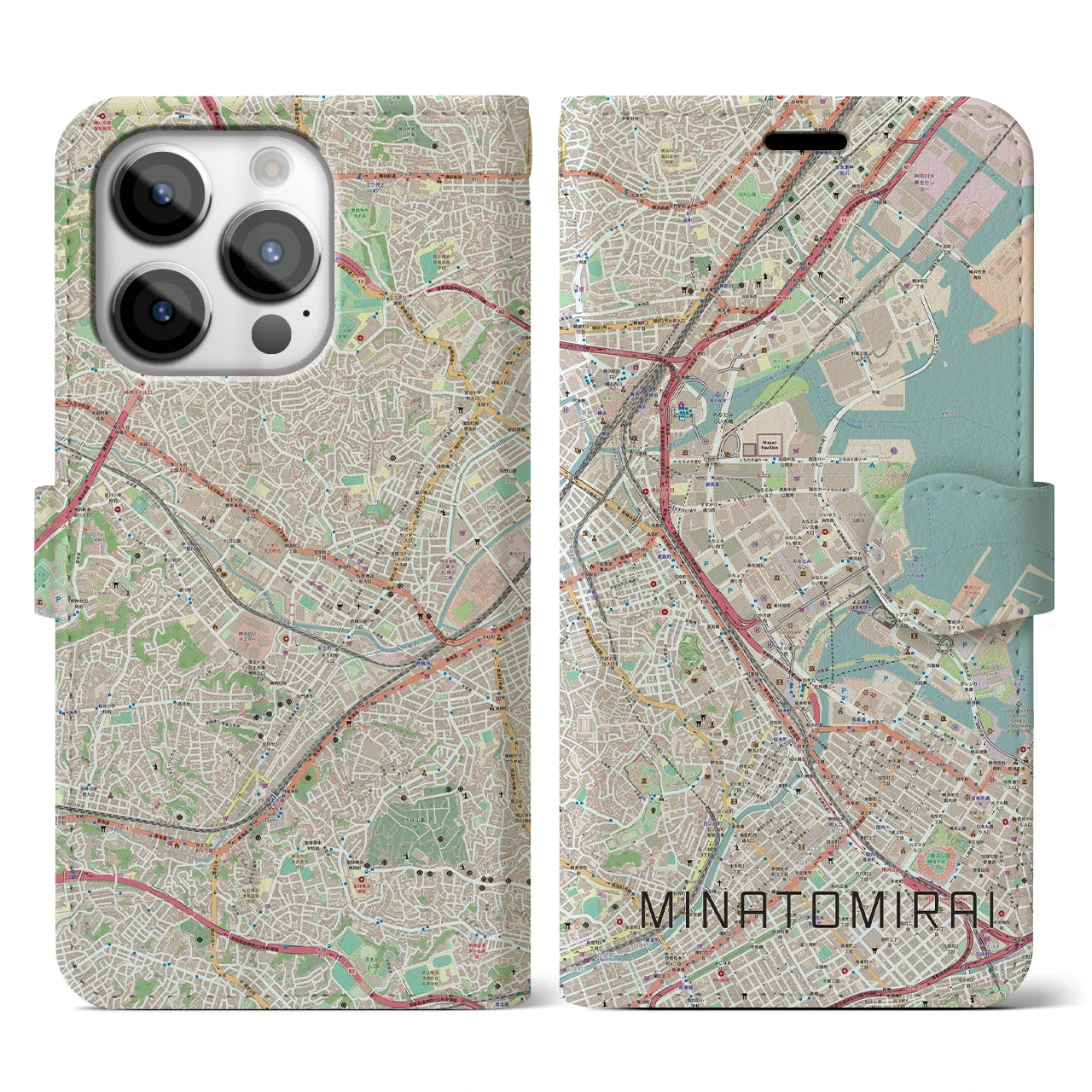 【みなとみらい(神奈川県)】地図柄iPhoneケース(手帳タイプ)ナチュラル・iPhone 14 Pro 用