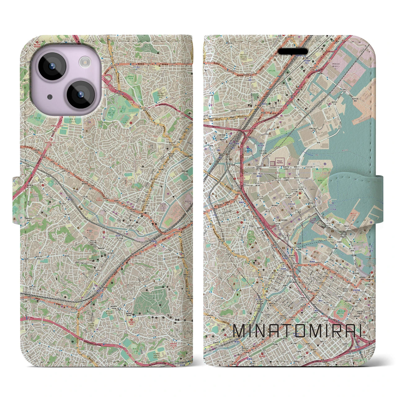 【みなとみらい(神奈川県)】地図柄iPhoneケース(手帳タイプ)ナチュラル・iPhone 14 用