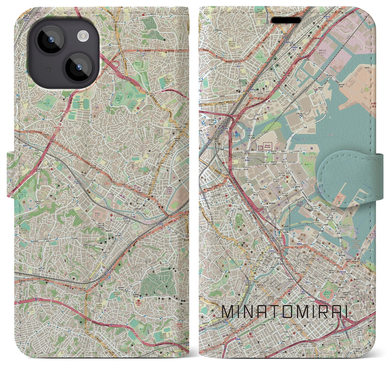 【みなとみらい(神奈川県)】地図柄iPhoneケース(手帳タイプ)ナチュラル・iPhone 14 Plus 用