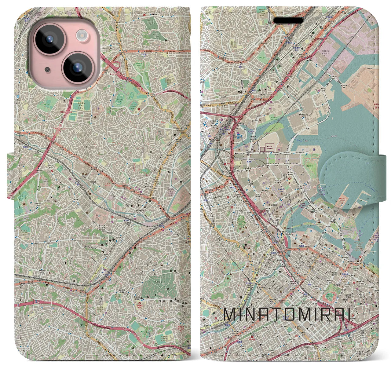 【みなとみらい(神奈川県)】地図柄iPhoneケース(手帳タイプ)ナチュラル・iPhone 15 Plus 用