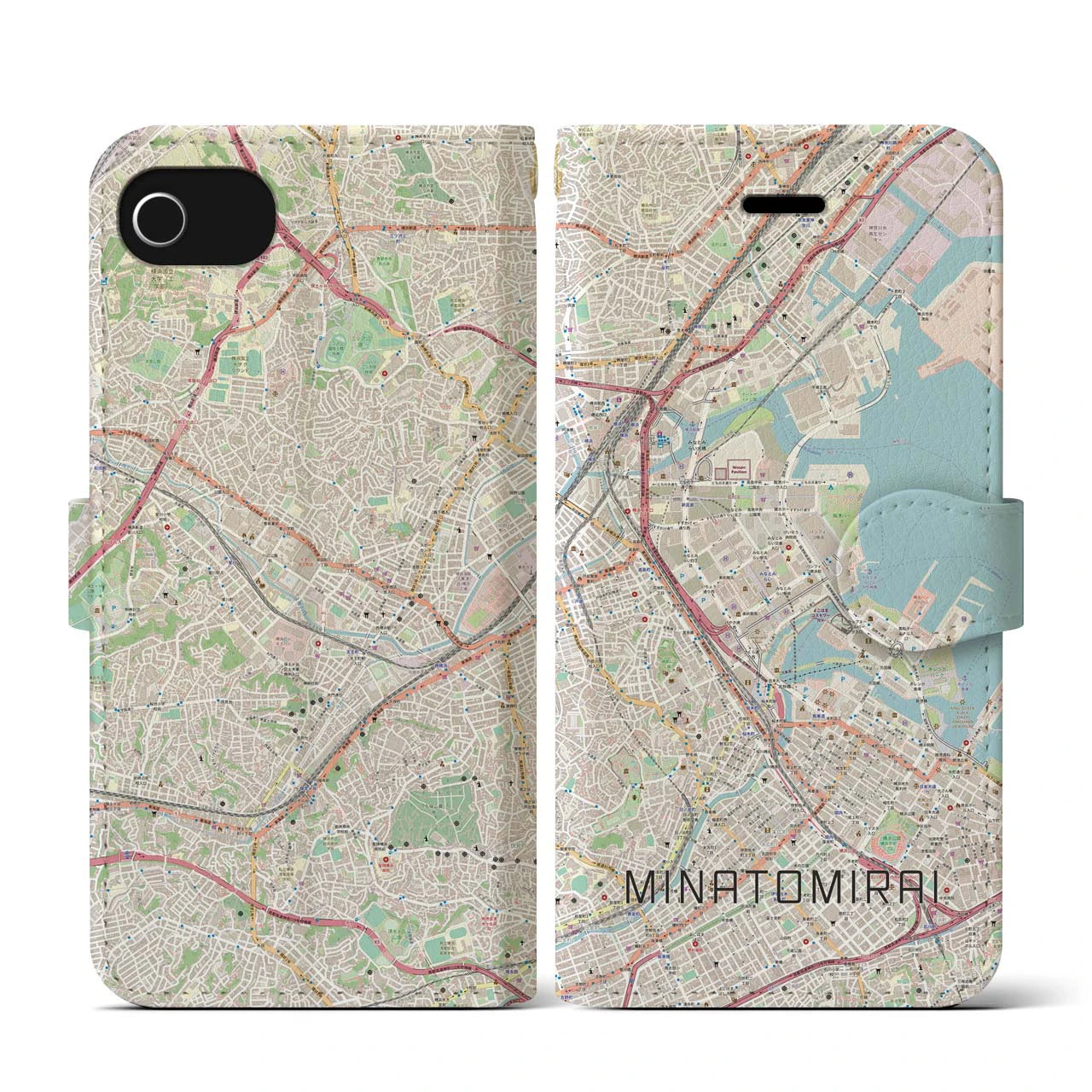 【みなとみらい(神奈川県)】地図柄iPhoneケース(手帳タイプ)ナチュラル・iPhone SE(第3 / 第2世代) / 8 / 7 / 6s / 6 用