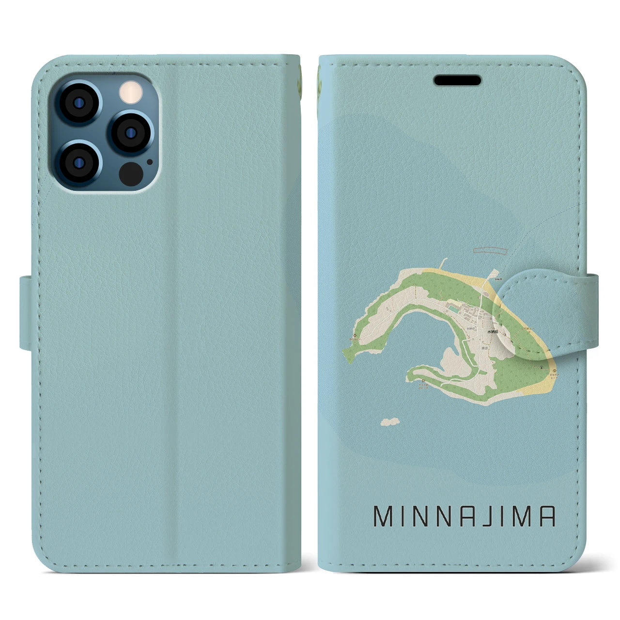 【水納島(沖縄県)】地図柄iPhoneケース(手帳タイプ)ナチュラル・iPhone 12 / 12 Pro 用