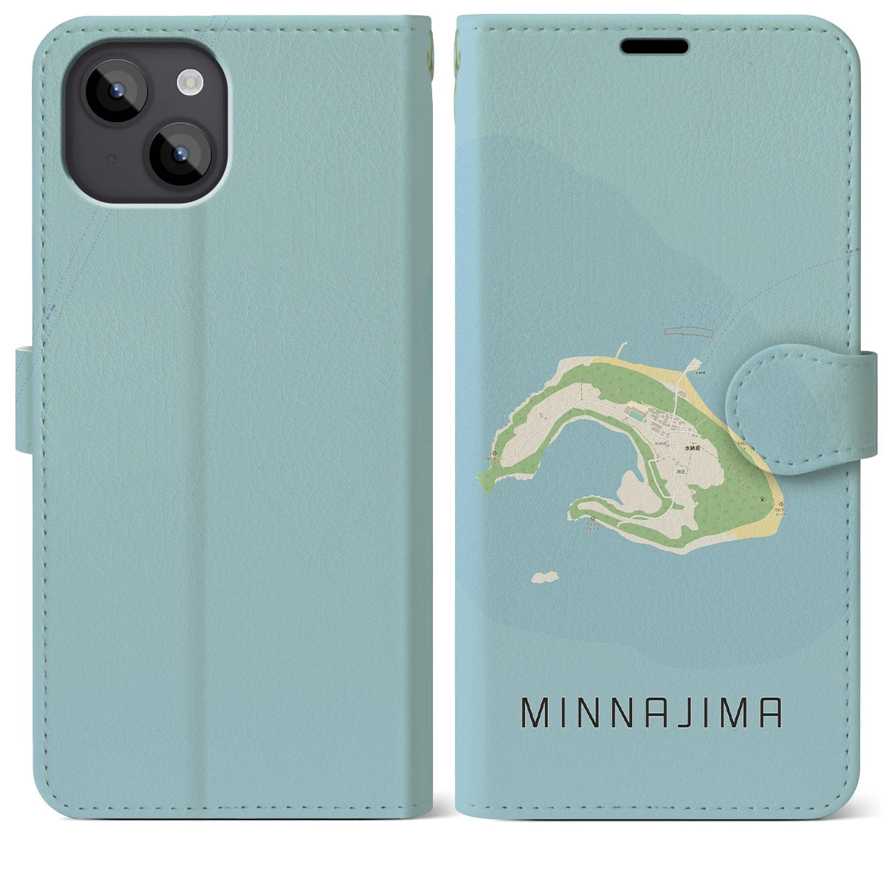 【水納島(沖縄県)】地図柄iPhoneケース(手帳タイプ)ナチュラル・iPhone 14 Plus 用