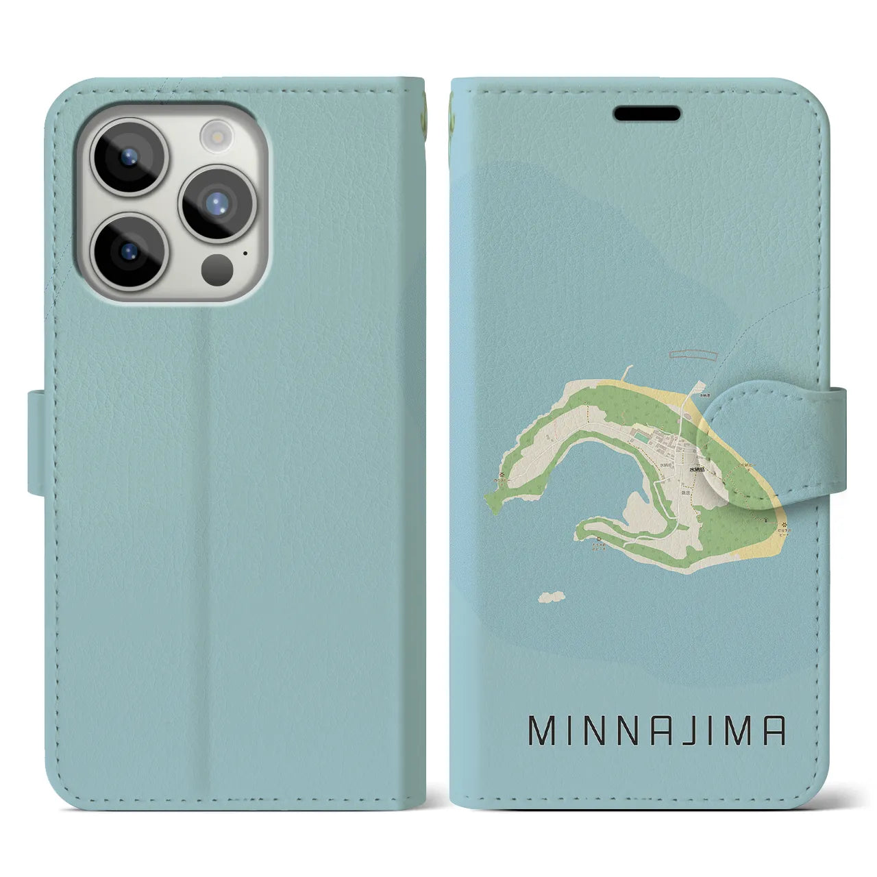 【水納島(沖縄県)】地図柄iPhoneケース(手帳タイプ)ナチュラル・iPhone 15 Pro 用