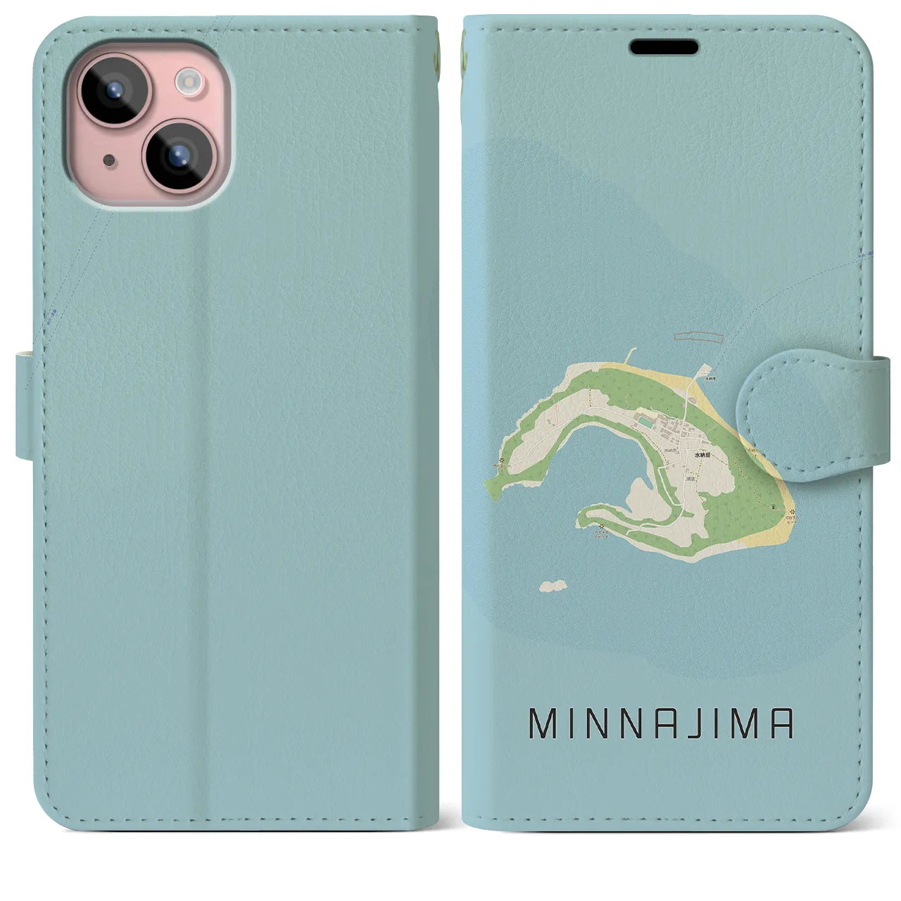 【水納島(沖縄県)】地図柄iPhoneケース(手帳タイプ)ナチュラル・iPhone 15 Plus 用