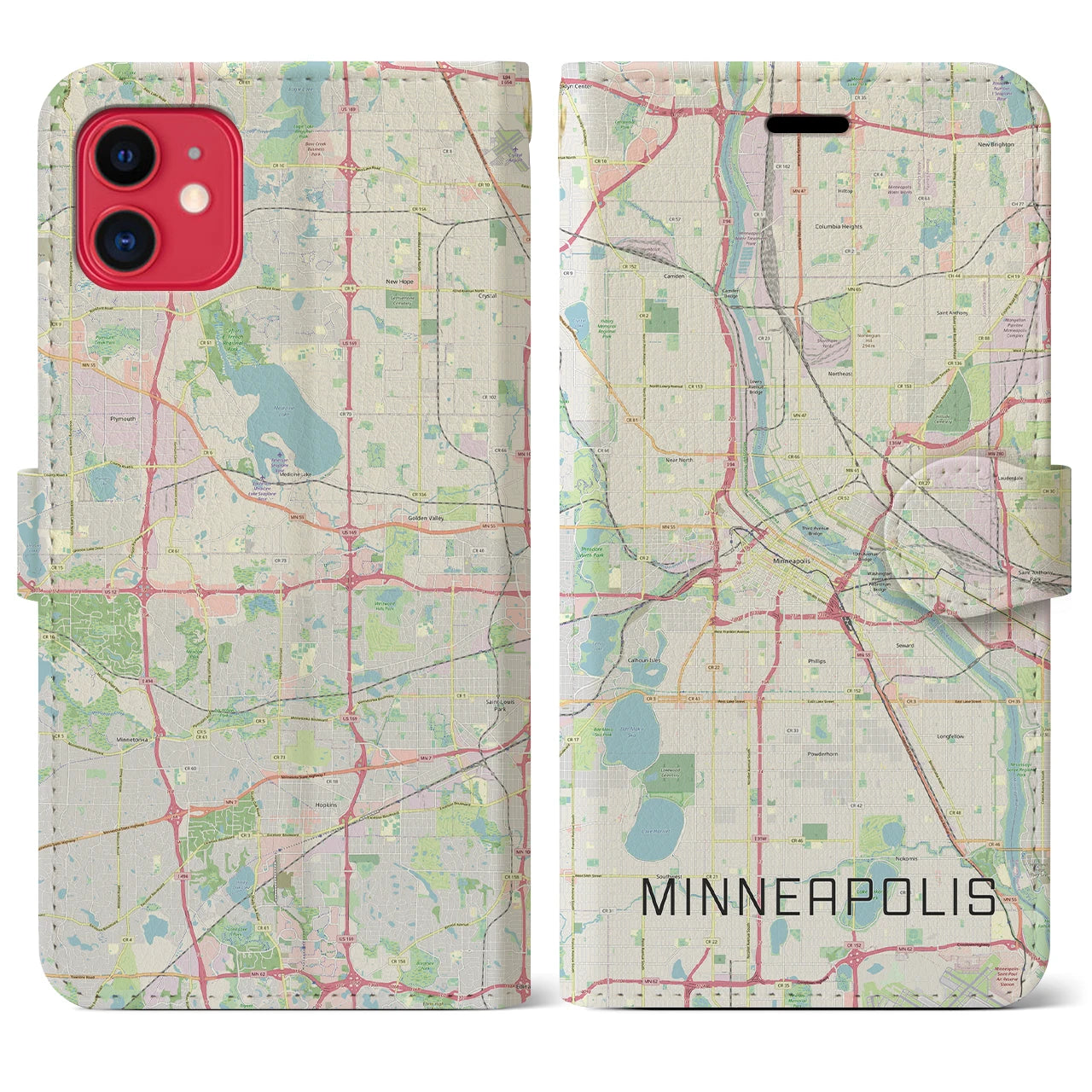 【ミネアポリス(アメリカ)】地図柄iPhoneケース(手帳タイプ)ナチュラル・iPhone 11 用