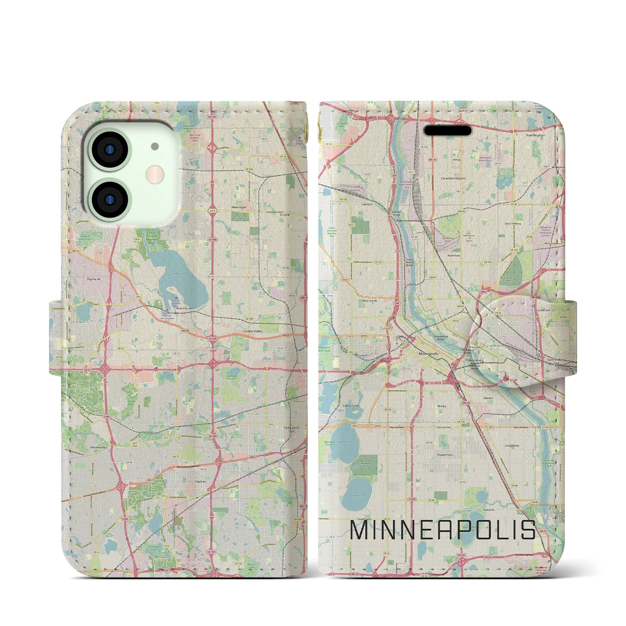 【ミネアポリス(アメリカ)】地図柄iPhoneケース(手帳タイプ)ナチュラル・iPhone 12 mini 用