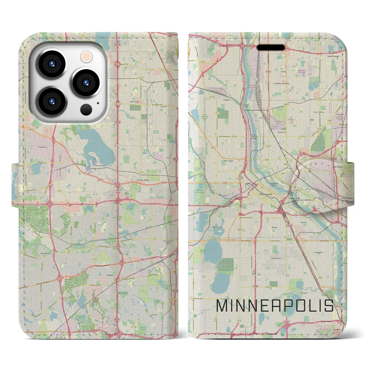 【ミネアポリス(アメリカ)】地図柄iPhoneケース(手帳タイプ)ナチュラル・iPhone 13 Pro 用