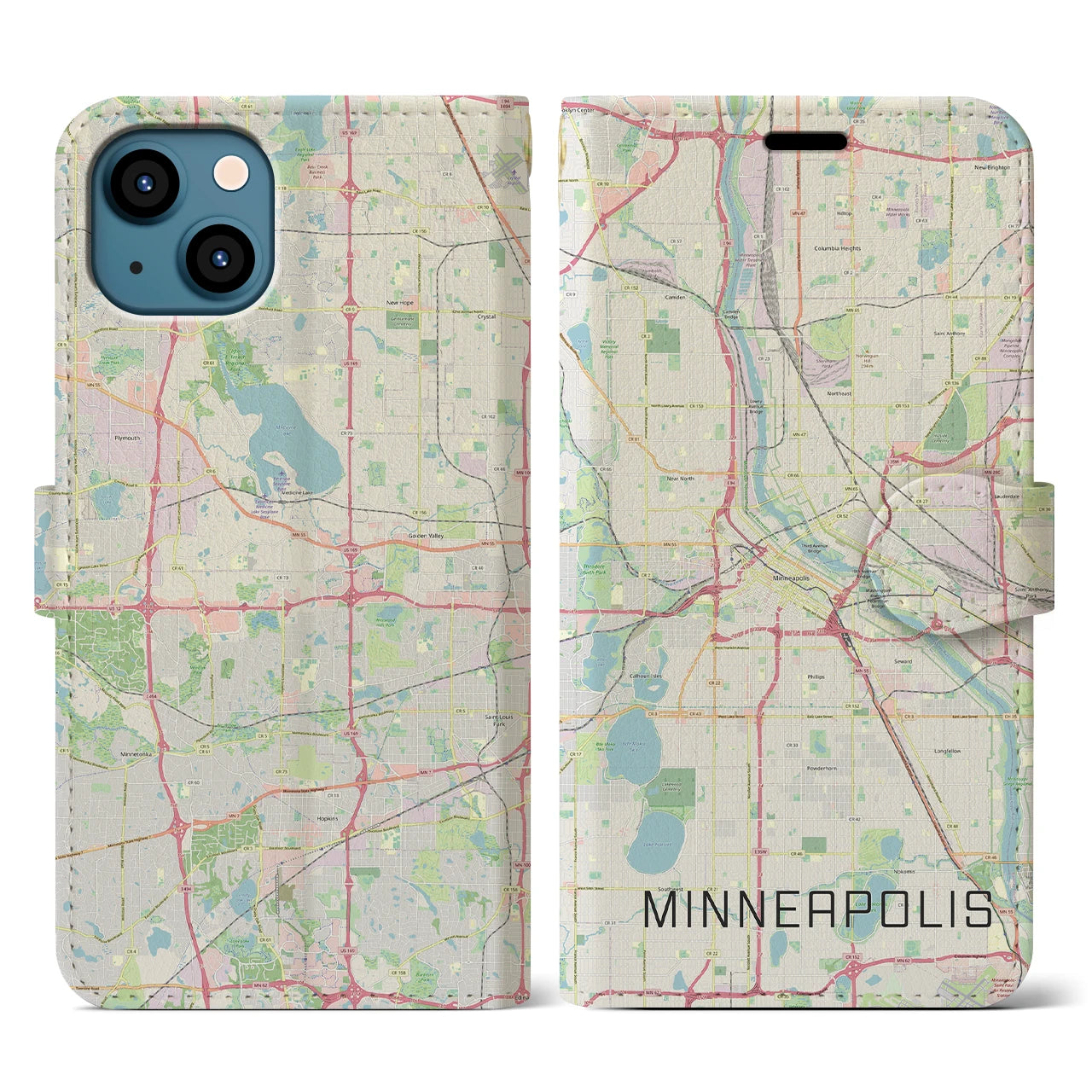 【ミネアポリス(アメリカ)】地図柄iPhoneケース(手帳タイプ)ナチュラル・iPhone 13 用