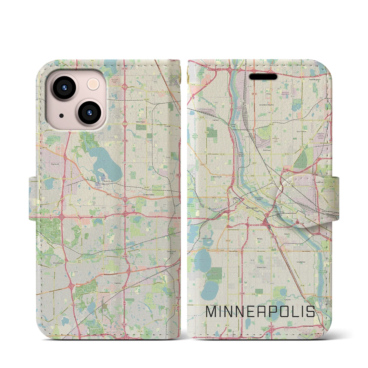 【ミネアポリス(アメリカ)】地図柄iPhoneケース(手帳タイプ)ナチュラル・iPhone 13 mini 用