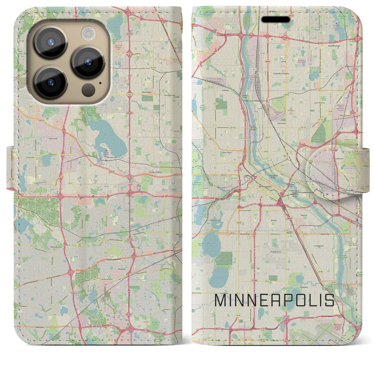【ミネアポリス(アメリカ)】地図柄iPhoneケース(手帳タイプ)ナチュラル・iPhone 14 Pro Max 用