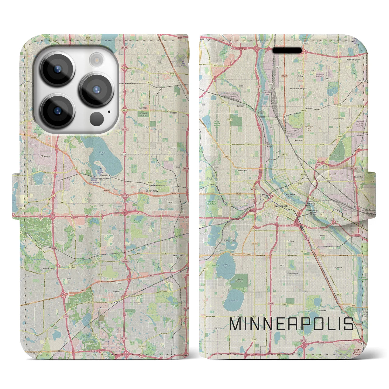 【ミネアポリス(アメリカ)】地図柄iPhoneケース(手帳タイプ)ナチュラル・iPhone 14 Pro 用
