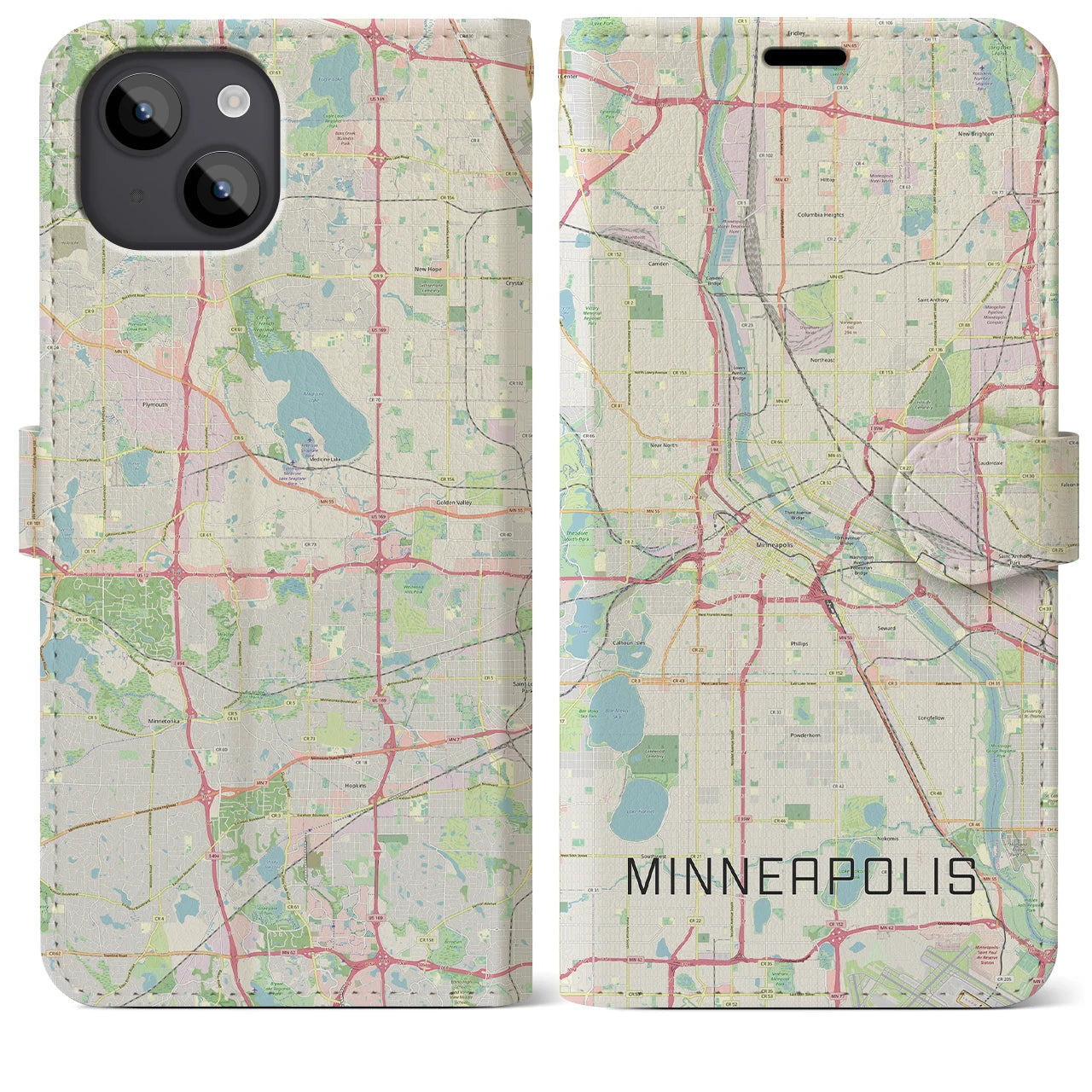 【ミネアポリス(アメリカ)】地図柄iPhoneケース(手帳タイプ)ナチュラル・iPhone 14 Plus 用
