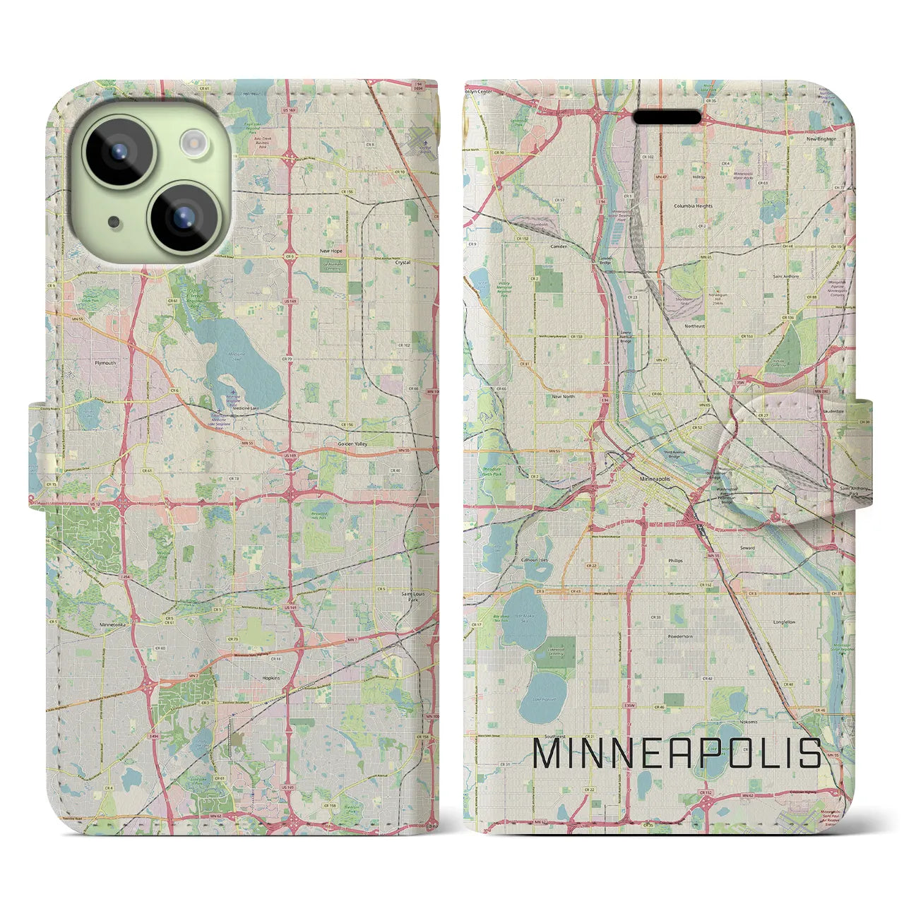 【ミネアポリス(アメリカ)】地図柄iPhoneケース(手帳タイプ)ナチュラル・iPhone 15 用