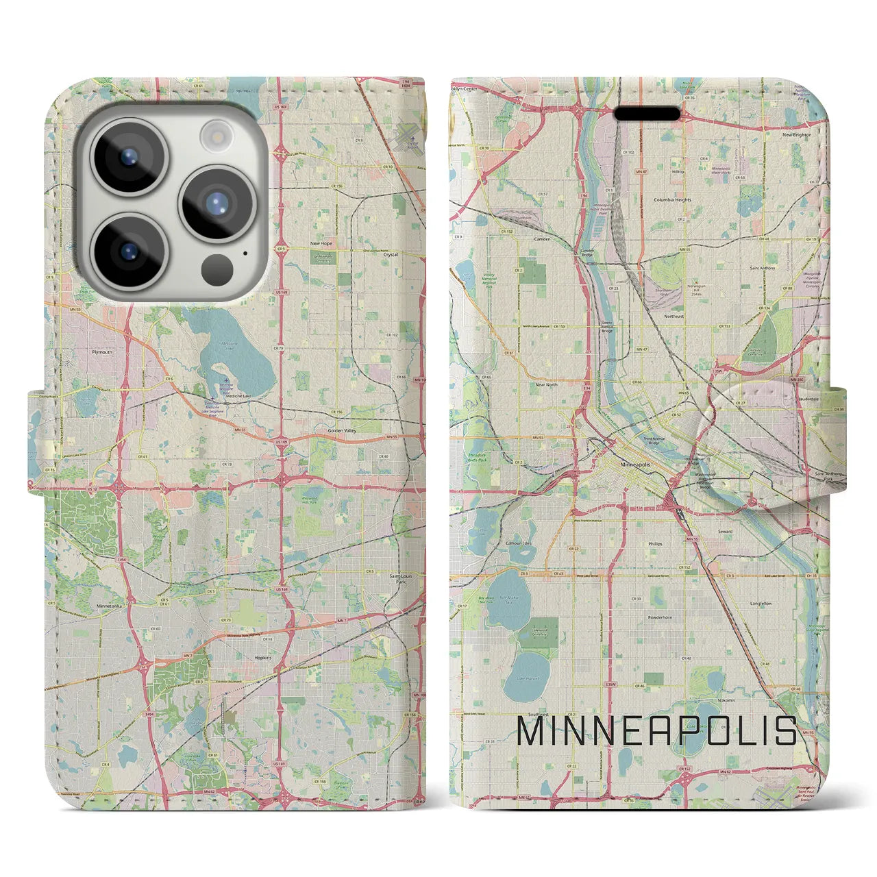 【ミネアポリス(アメリカ)】地図柄iPhoneケース(手帳タイプ)ナチュラル・iPhone 15 Pro 用