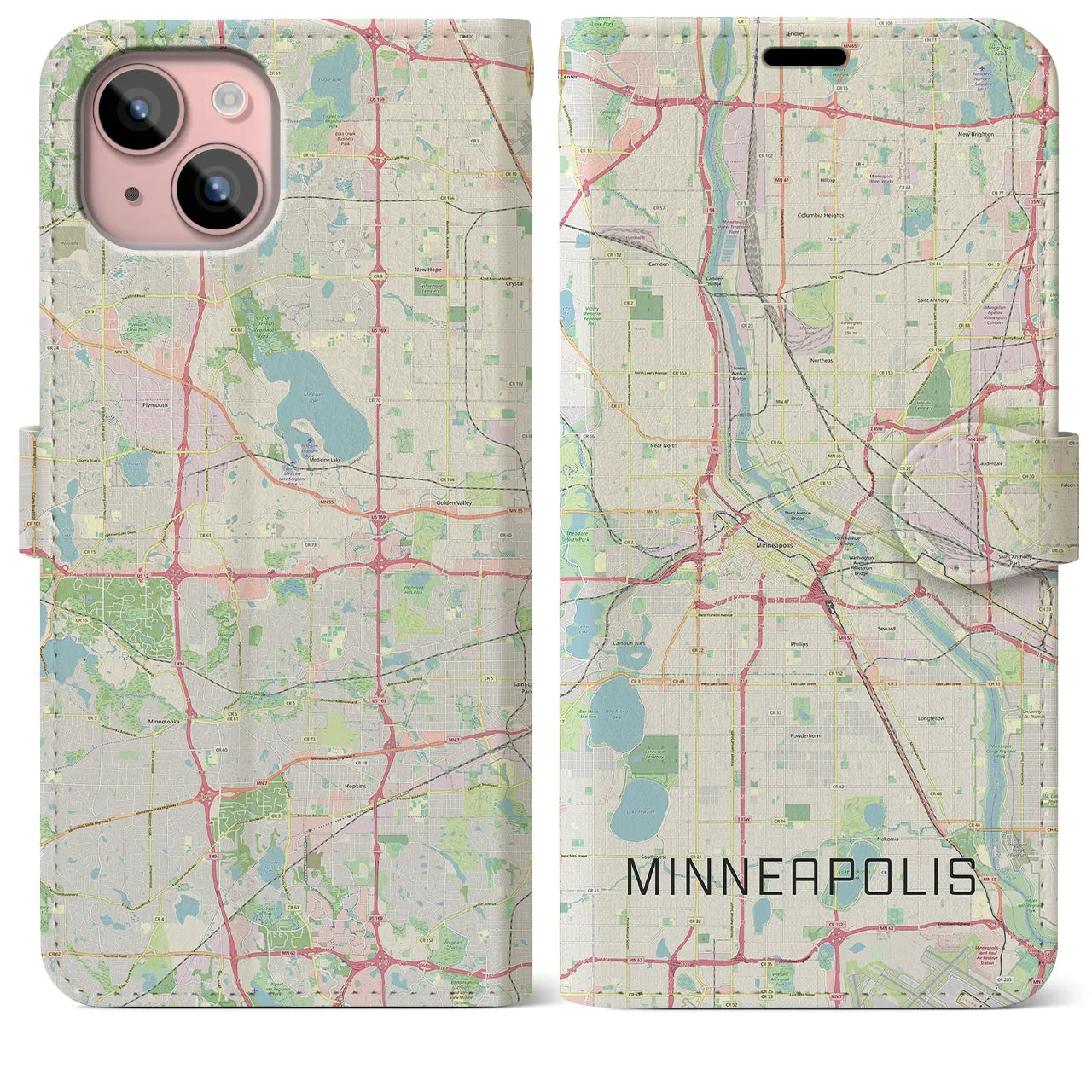 【ミネアポリス(アメリカ)】地図柄iPhoneケース(手帳タイプ)ナチュラル・iPhone 15 Plus 用
