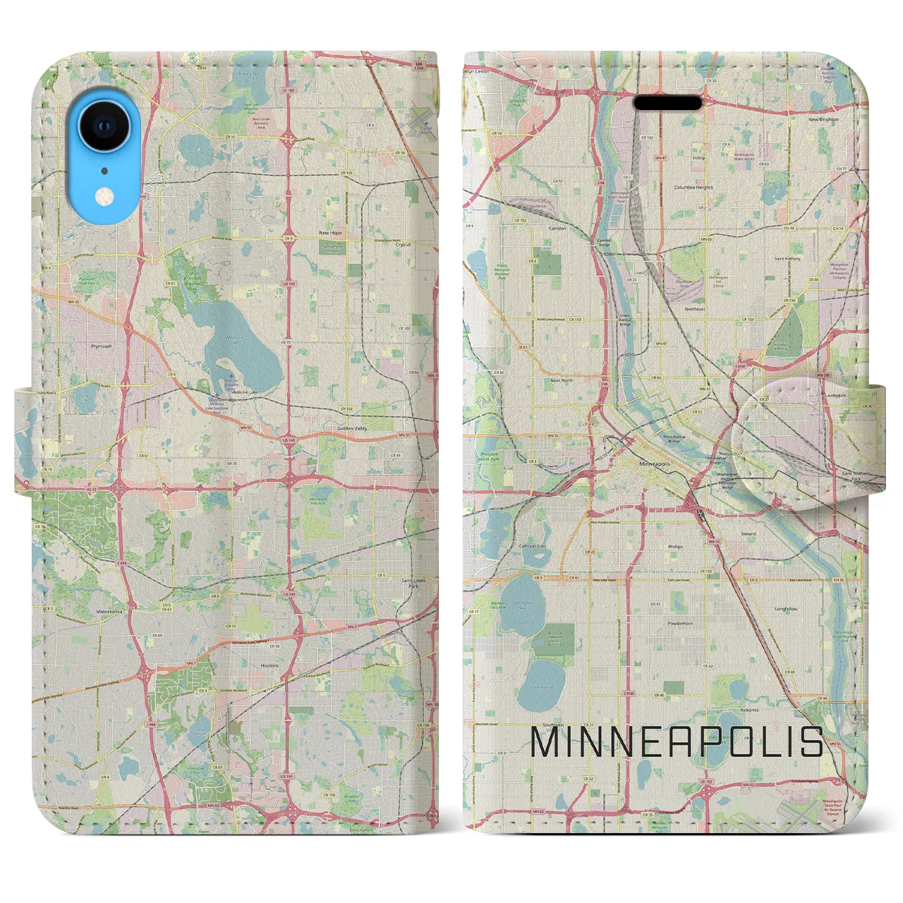 【ミネアポリス(アメリカ)】地図柄iPhoneケース(手帳タイプ)ナチュラル・iPhone XR 用