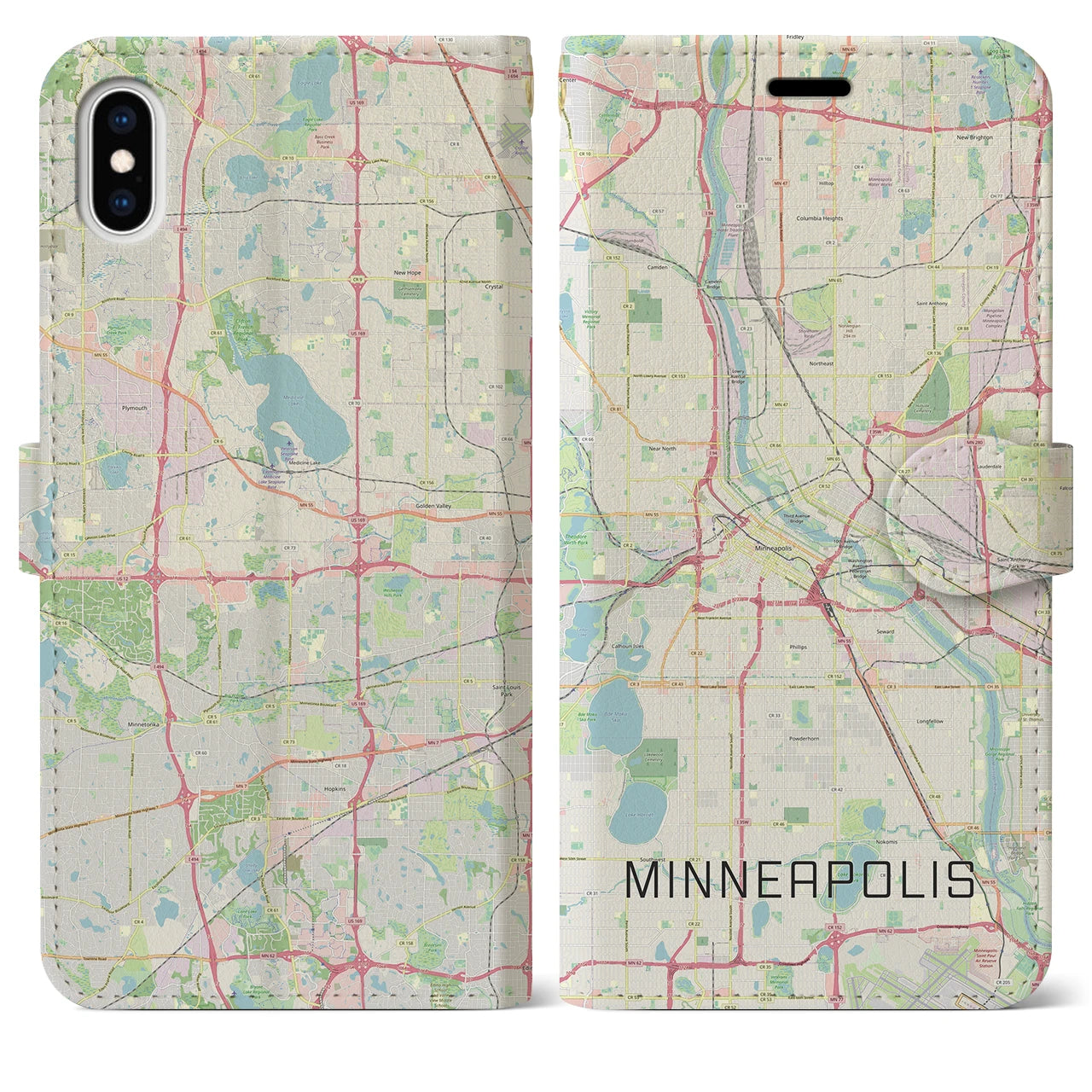 【ミネアポリス(アメリカ)】地図柄iPhoneケース(手帳タイプ)ナチュラル・iPhone XS Max 用