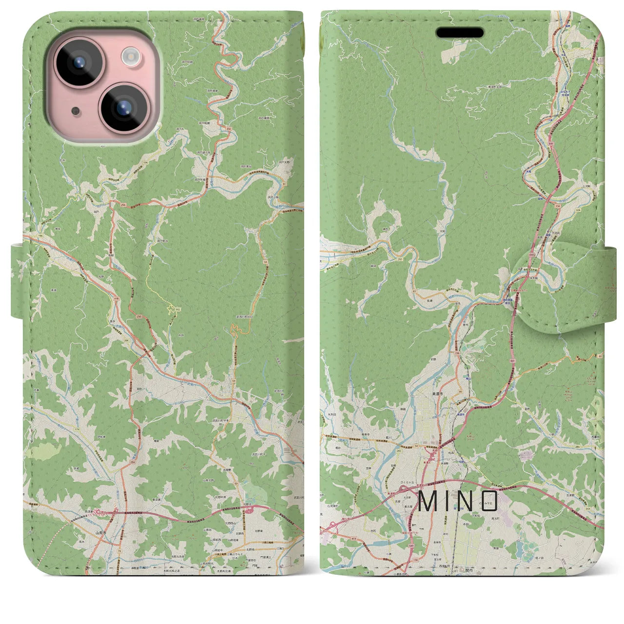【美濃(岐阜県)】地図柄iPhoneケース(手帳タイプ)ナチュラル・iPhone 15 Plus 用