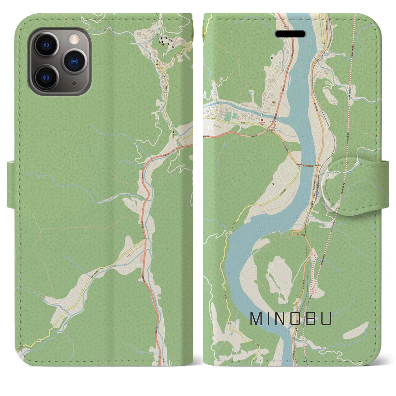 【身延(山梨県)】地図柄iPhoneケース(手帳タイプ)ナチュラル・iPhone 11 Pro Max 用