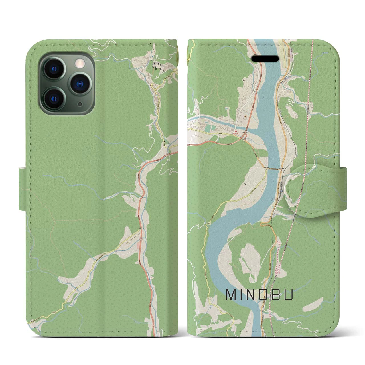 【身延(山梨県)】地図柄iPhoneケース(手帳タイプ)ナチュラル・iPhone 11 Pro 用