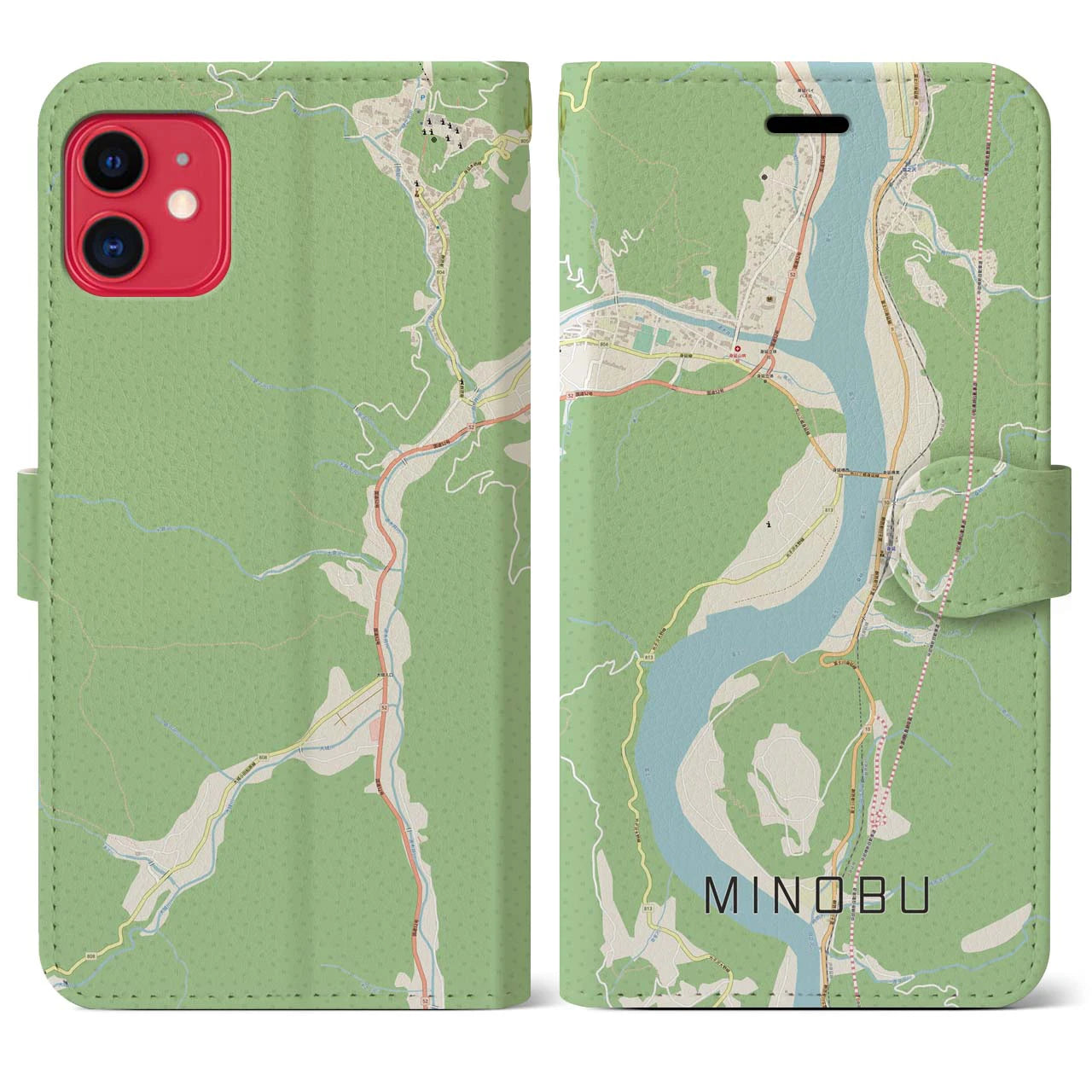【身延(山梨県)】地図柄iPhoneケース(手帳タイプ)ナチュラル・iPhone 11 用