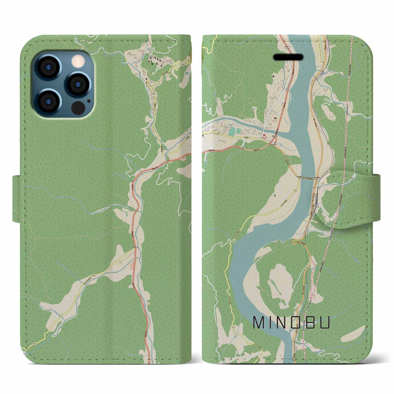 【身延(山梨県)】地図柄iPhoneケース(手帳タイプ)ナチュラル・iPhone 12 / 12 Pro 用
