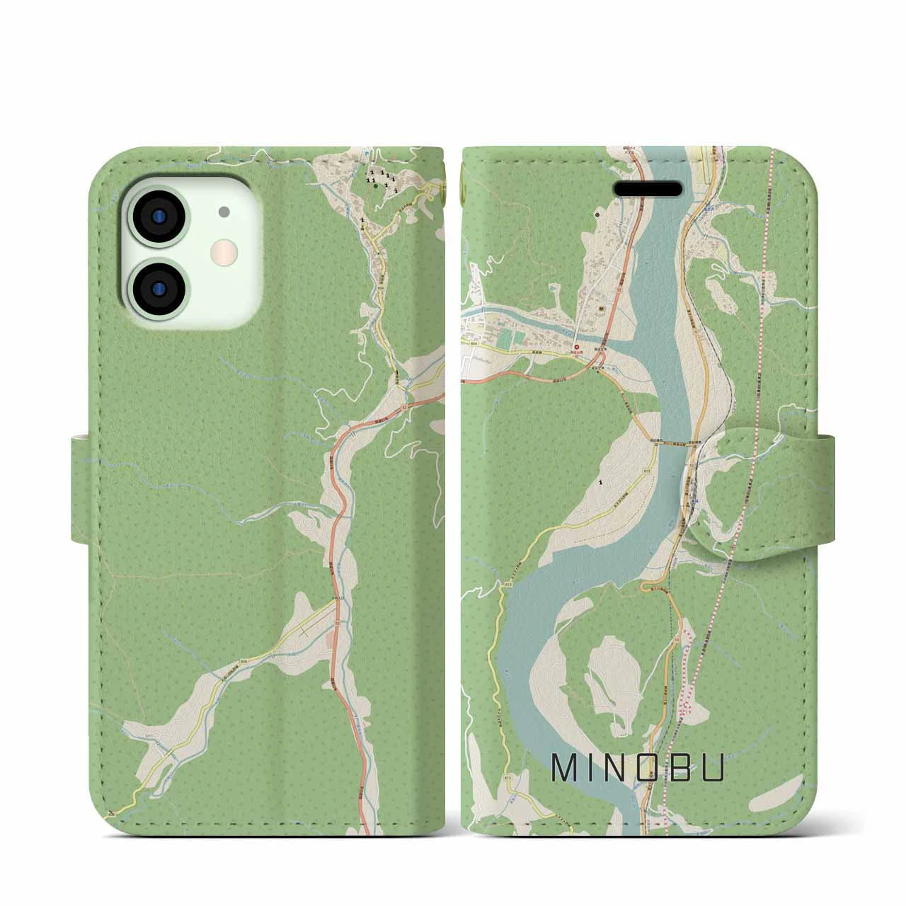 【身延(山梨県)】地図柄iPhoneケース(手帳タイプ)ナチュラル・iPhone 12 mini 用