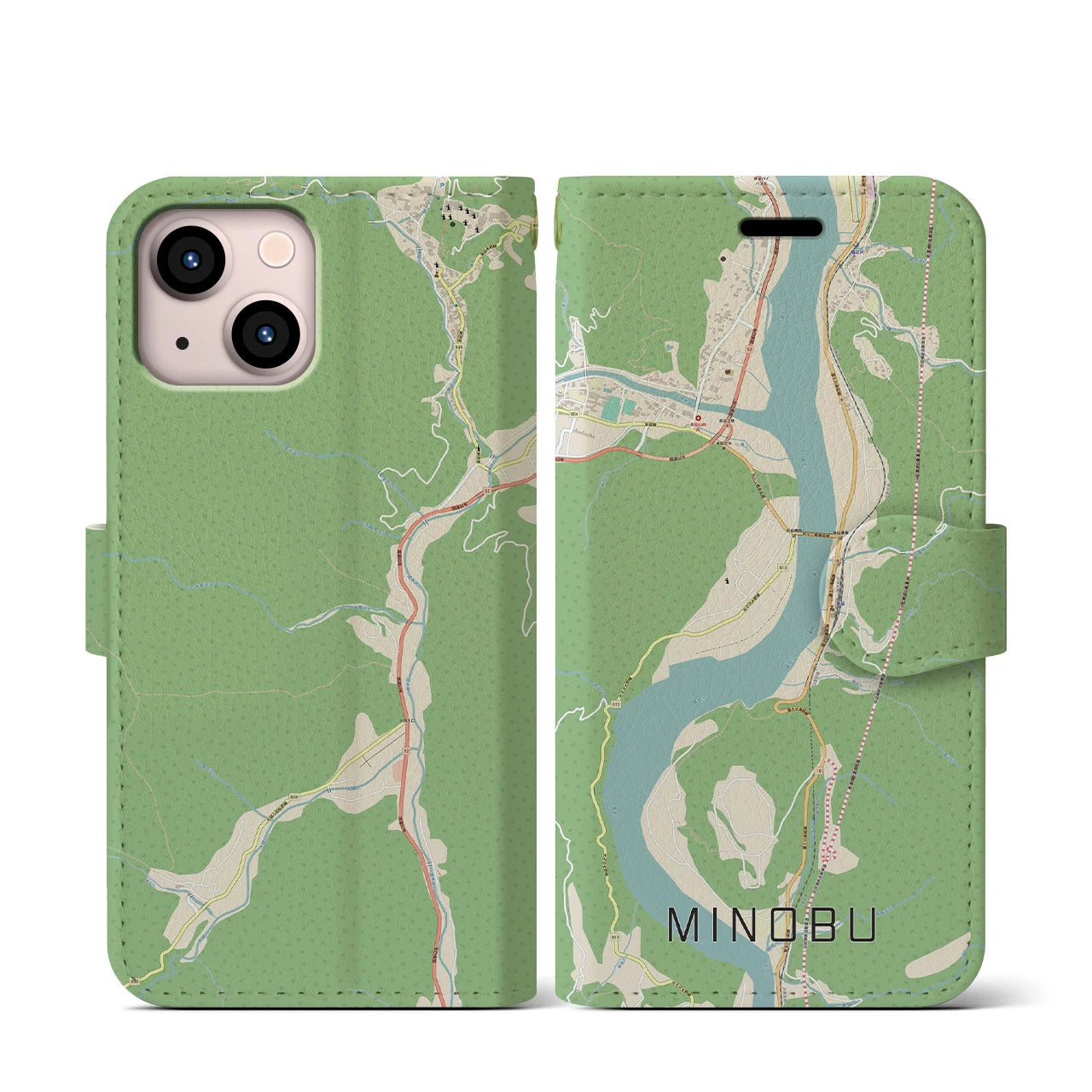 【身延(山梨県)】地図柄iPhoneケース(手帳タイプ)ナチュラル・iPhone 13 mini 用