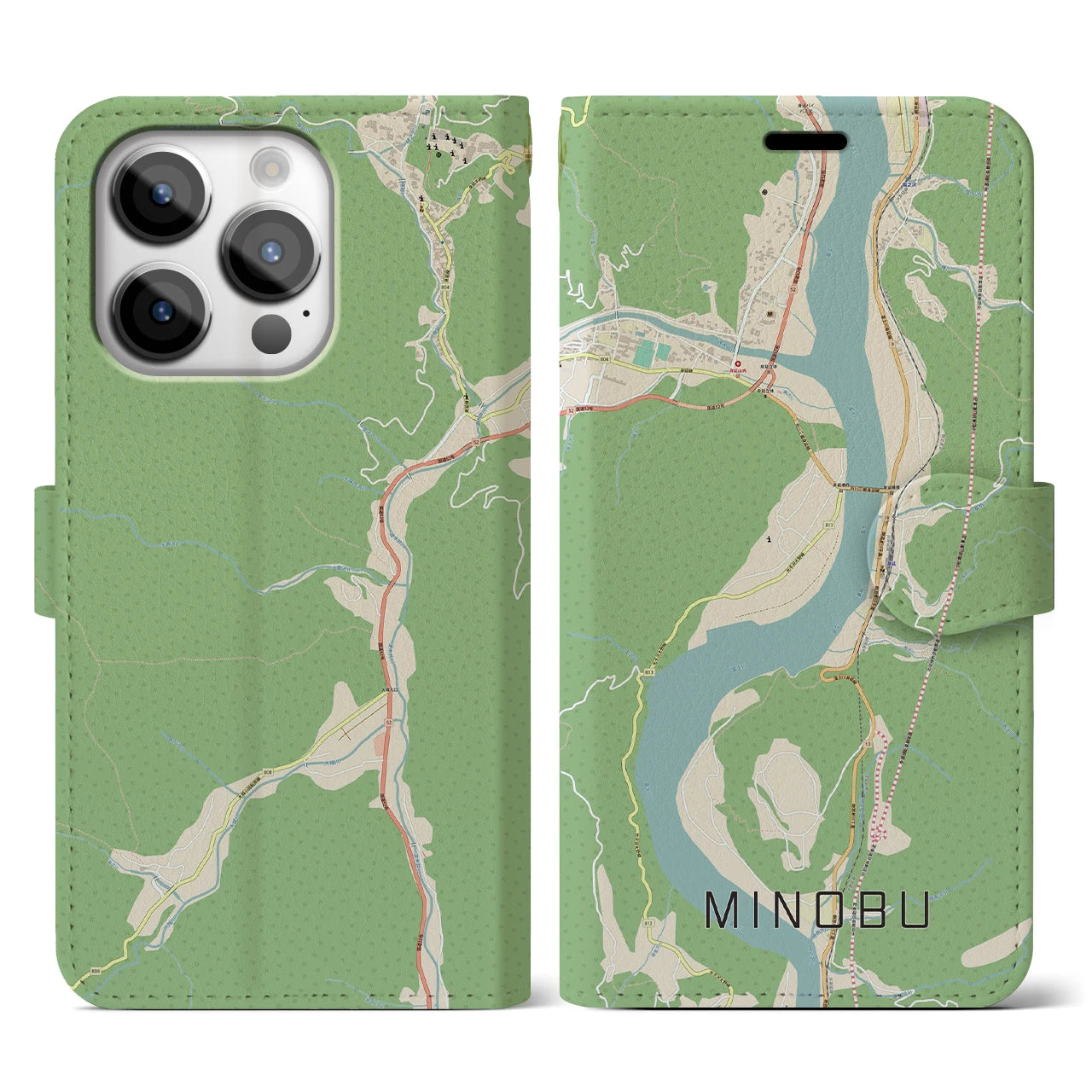 【身延(山梨県)】地図柄iPhoneケース(手帳タイプ)ナチュラル・iPhone 14 Pro 用