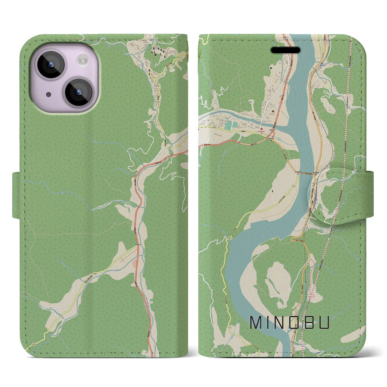 【身延(山梨県)】地図柄iPhoneケース(手帳タイプ)ナチュラル・iPhone 14 用
