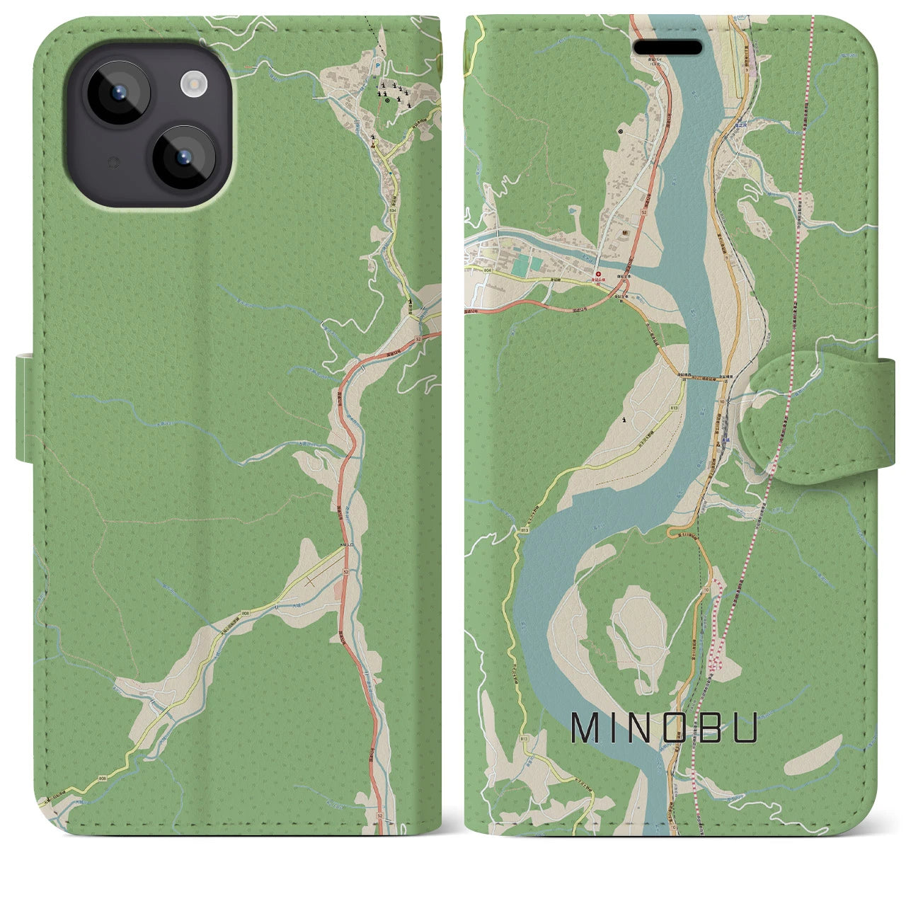 【身延(山梨県)】地図柄iPhoneケース(手帳タイプ)ナチュラル・iPhone 14 Plus 用