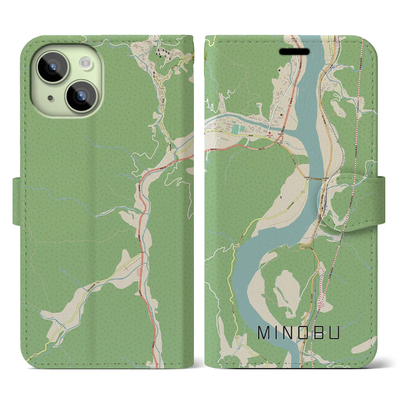 【身延(山梨県)】地図柄iPhoneケース(手帳タイプ)ナチュラル・iPhone 15 用