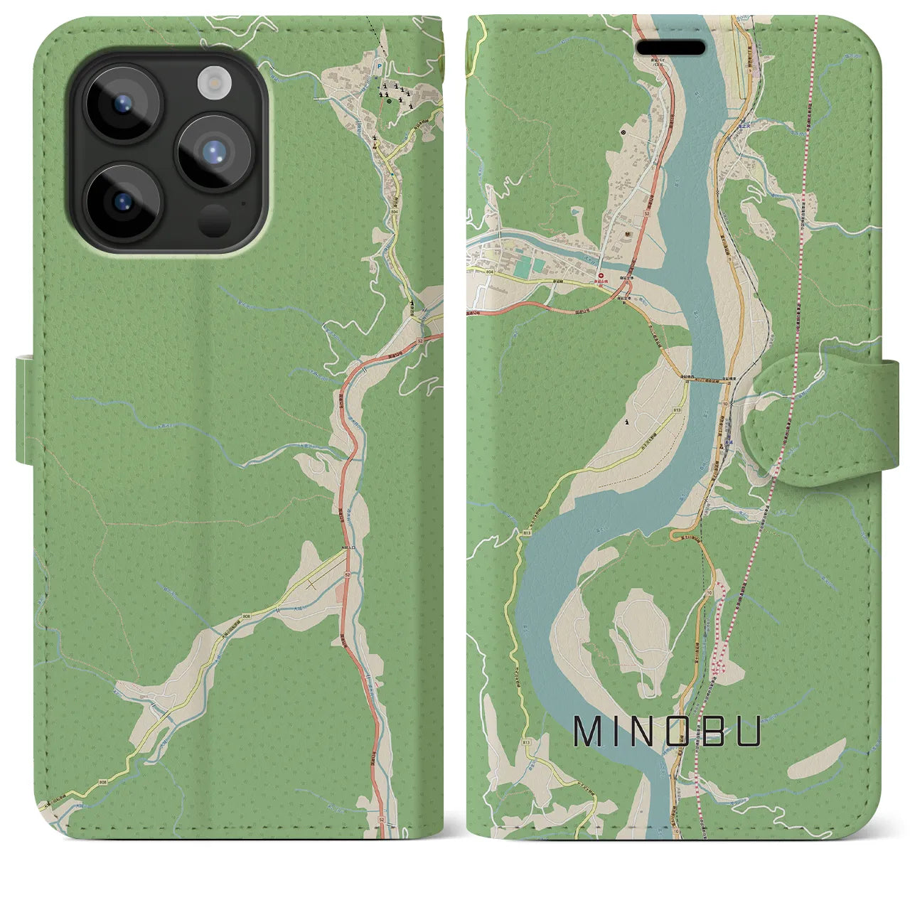【身延(山梨県)】地図柄iPhoneケース(手帳タイプ)ナチュラル・iPhone 15 Pro Max 用