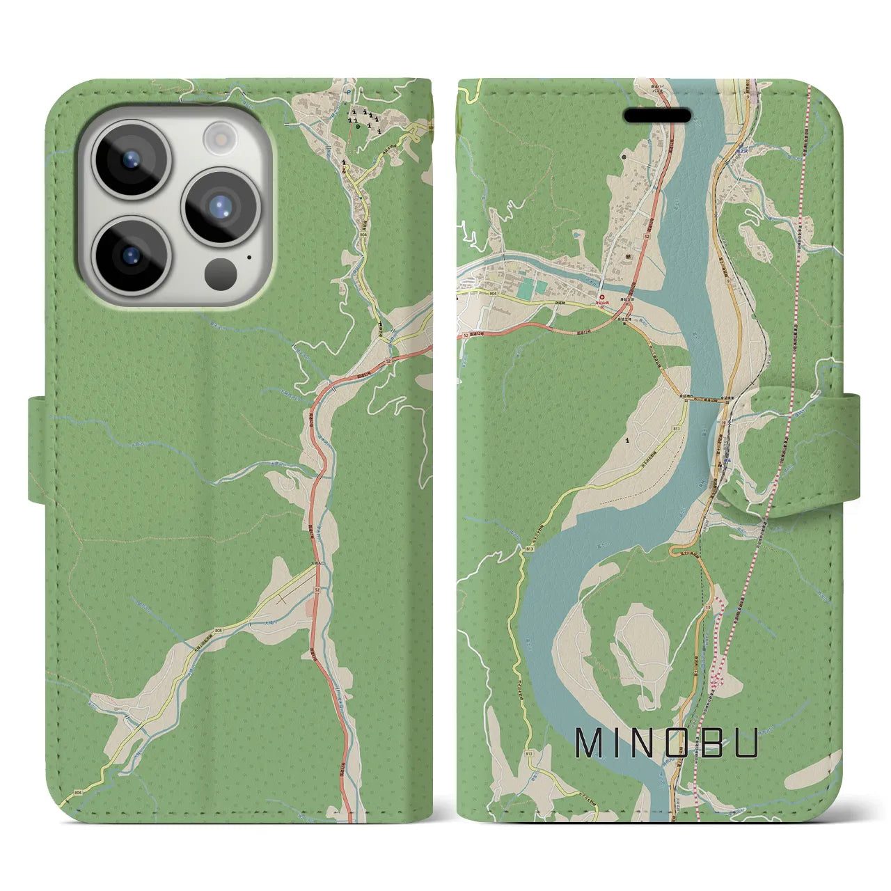 【身延(山梨県)】地図柄iPhoneケース(手帳タイプ)ナチュラル・iPhone 15 Pro 用
