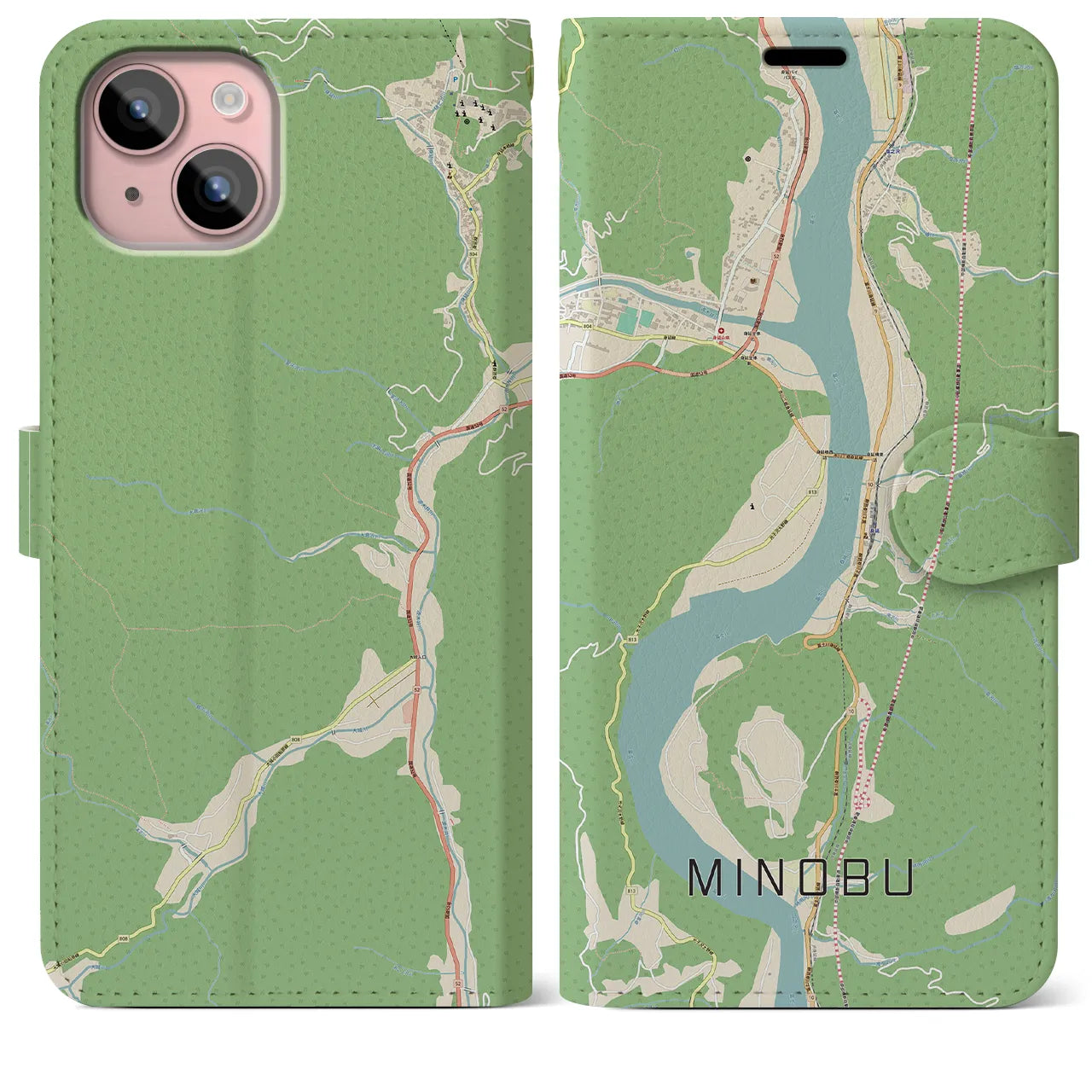 【身延(山梨県)】地図柄iPhoneケース(手帳タイプ)ナチュラル・iPhone 15 Plus 用
