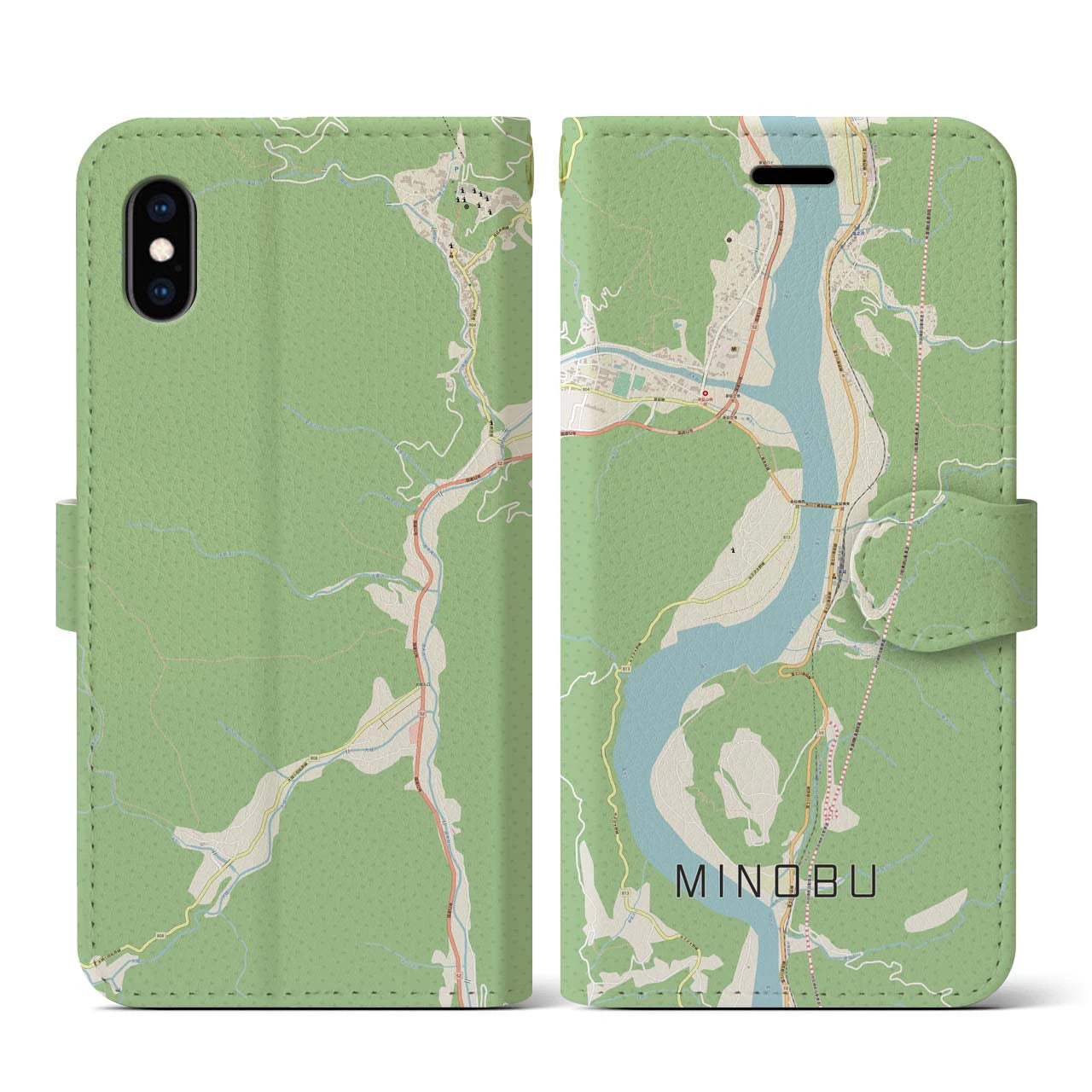 【身延(山梨県)】地図柄iPhoneケース(手帳タイプ)ナチュラル・iPhone XS / X 用