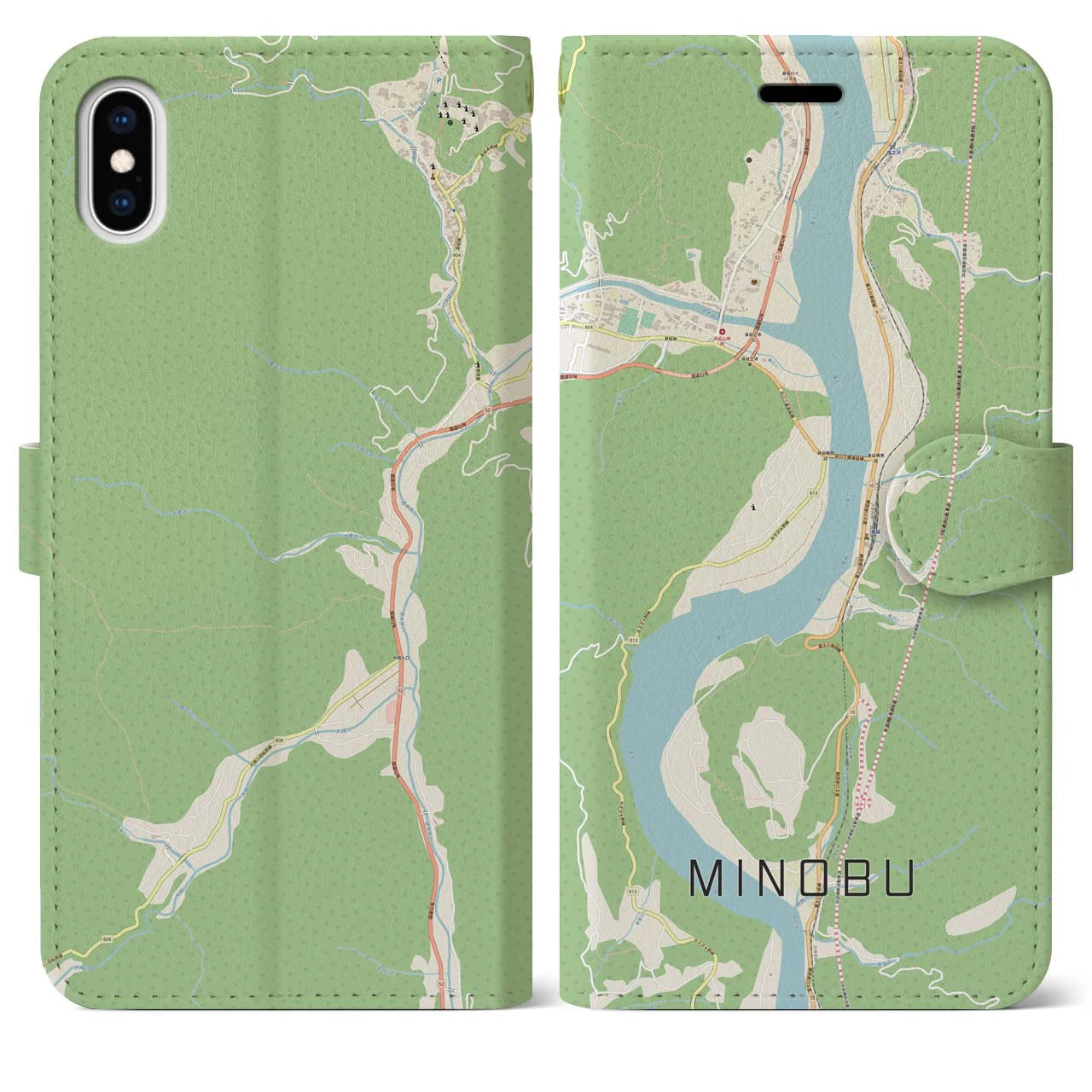 【身延(山梨県)】地図柄iPhoneケース(手帳タイプ)ナチュラル・iPhone XS Max 用