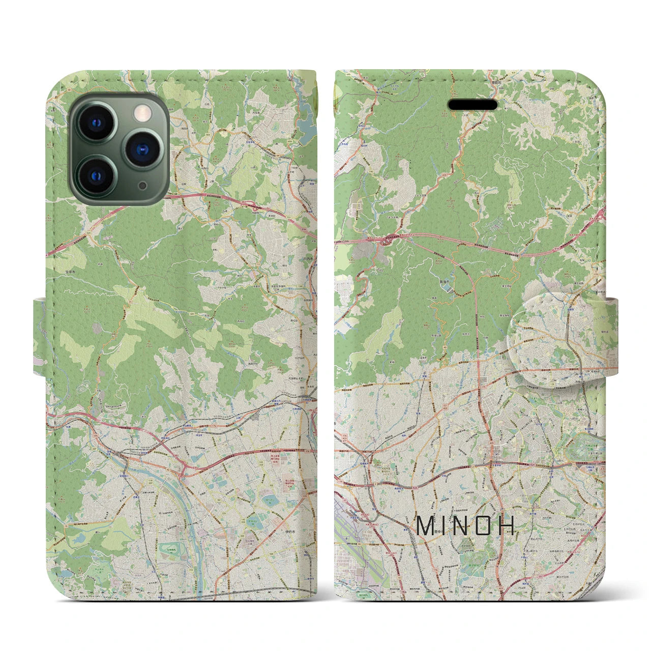 【箕面(大阪府)】地図柄iPhoneケース(手帳タイプ)ナチュラル・iPhone 11 Pro 用