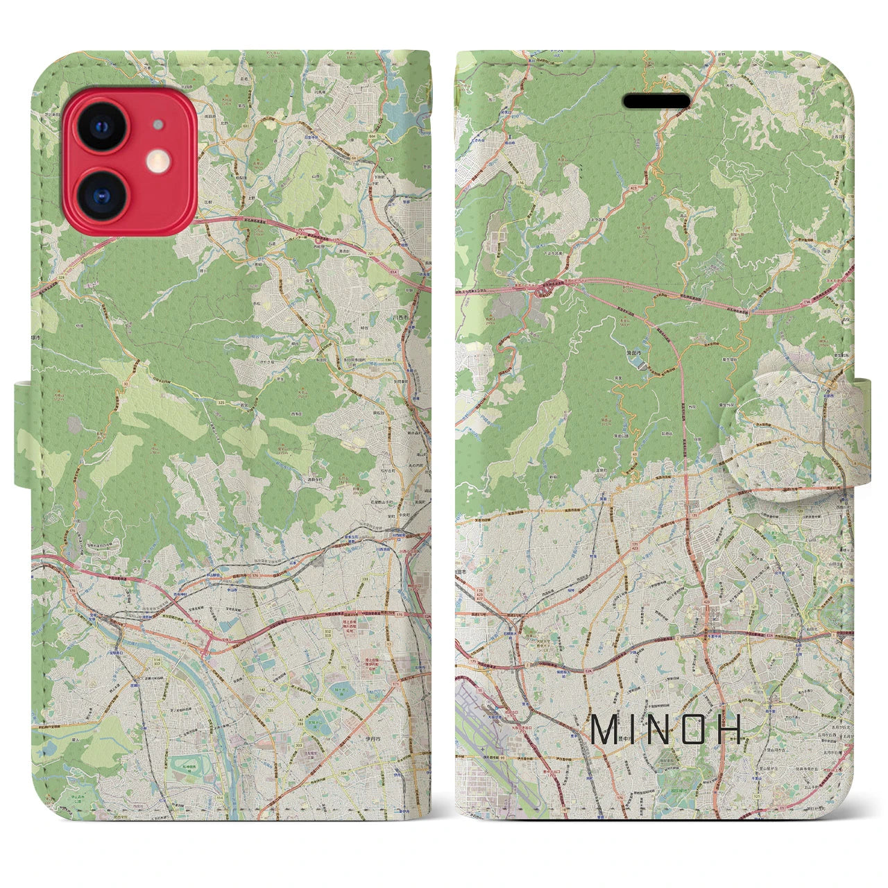 【箕面(大阪府)】地図柄iPhoneケース(手帳タイプ)ナチュラル・iPhone 11 用