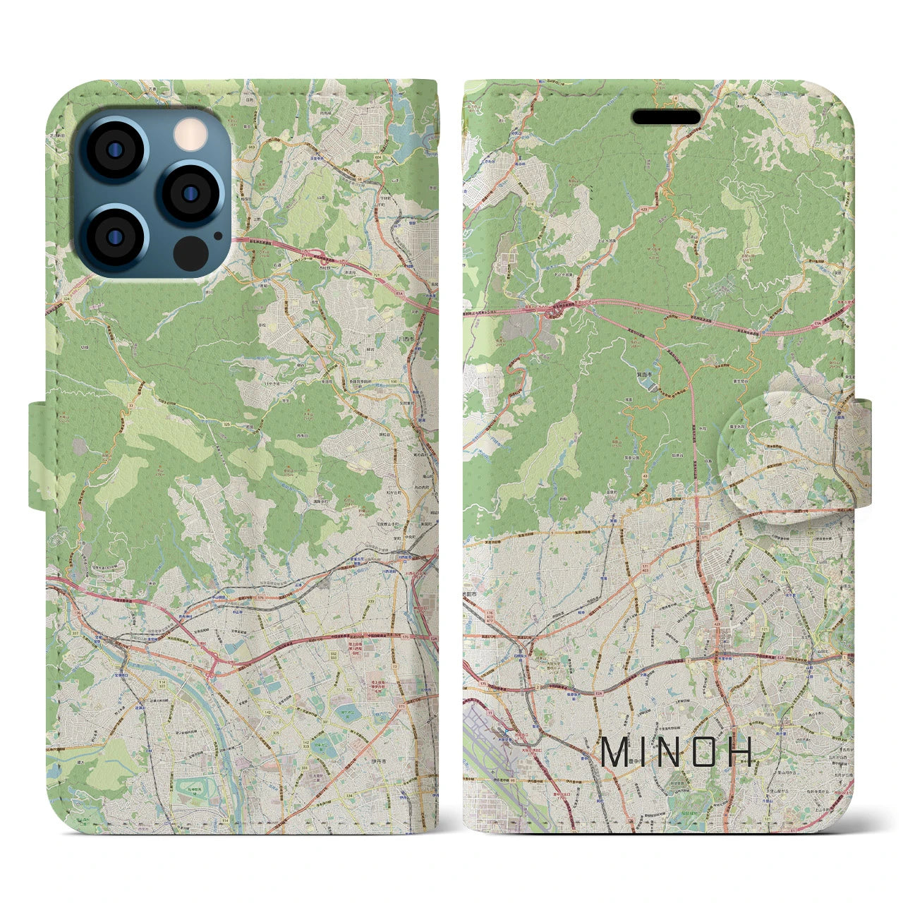 【箕面(大阪府)】地図柄iPhoneケース(手帳タイプ)ナチュラル・iPhone 12 / 12 Pro 用