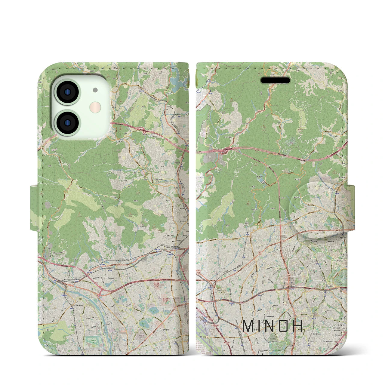 【箕面(大阪府)】地図柄iPhoneケース(手帳タイプ)ナチュラル・iPhone 12 mini 用