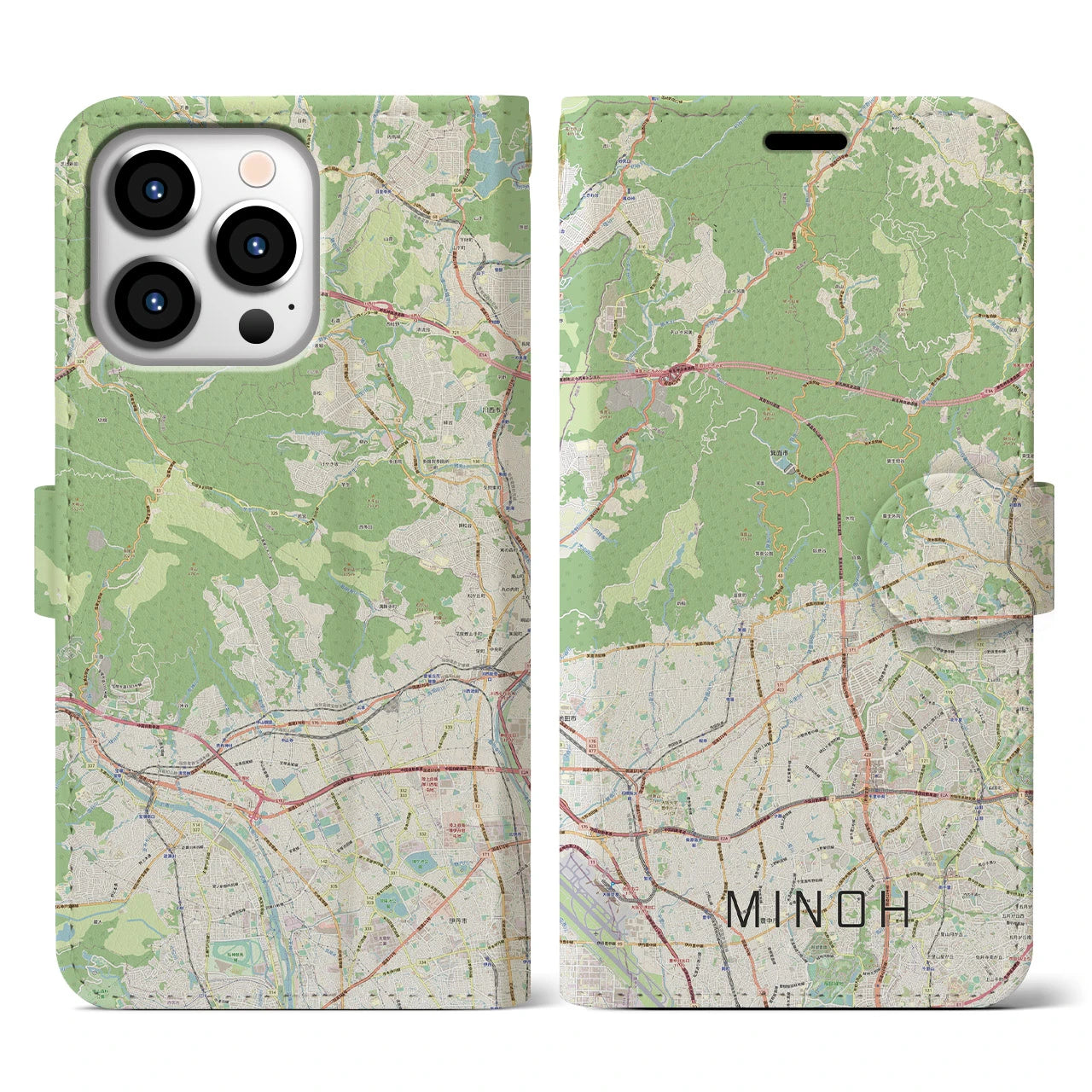 【箕面(大阪府)】地図柄iPhoneケース(手帳タイプ)ナチュラル・iPhone 13 Pro 用