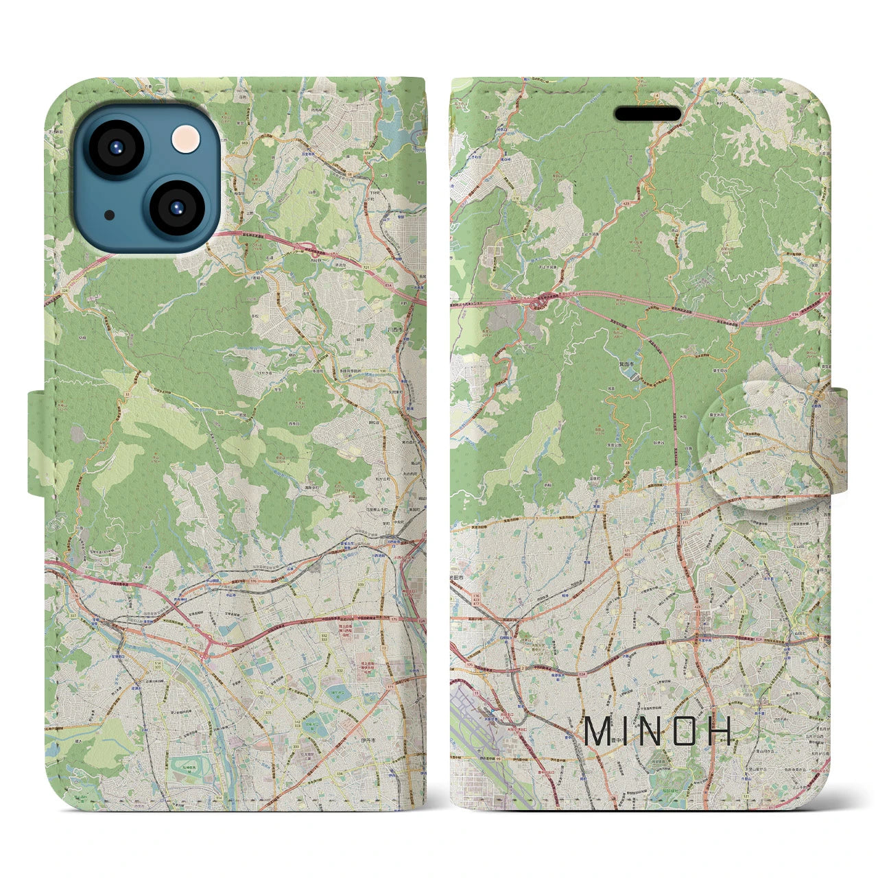 【箕面(大阪府)】地図柄iPhoneケース(手帳タイプ)ナチュラル・iPhone 13 用