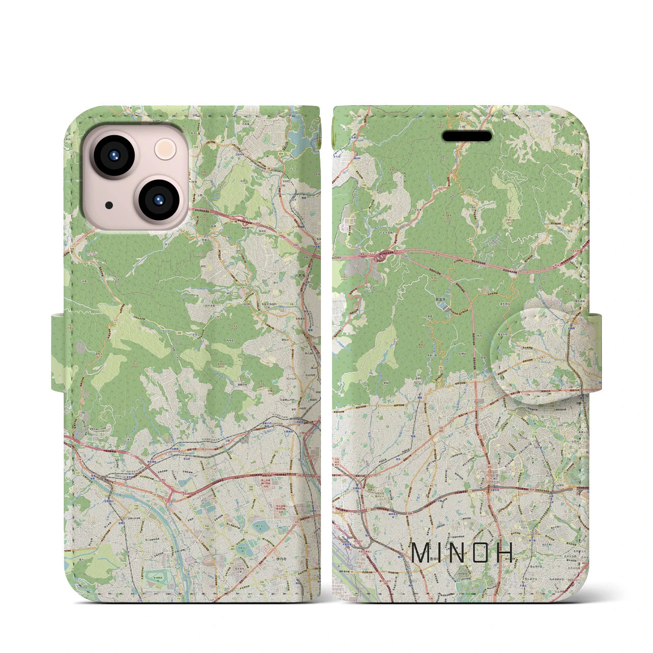 【箕面(大阪府)】地図柄iPhoneケース(手帳タイプ)ナチュラル・iPhone 13 mini 用